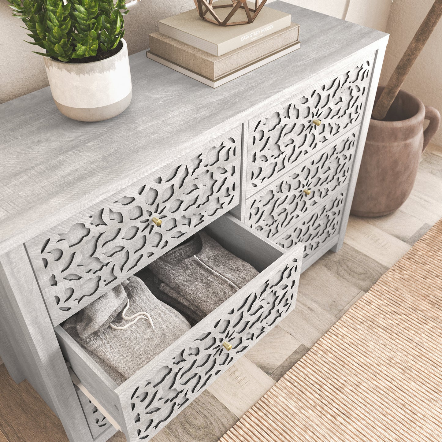 Galano 6-Drawer Dresser with Cutout Floral Fronts 45.4″ W x 15.7" D x 32.0" H