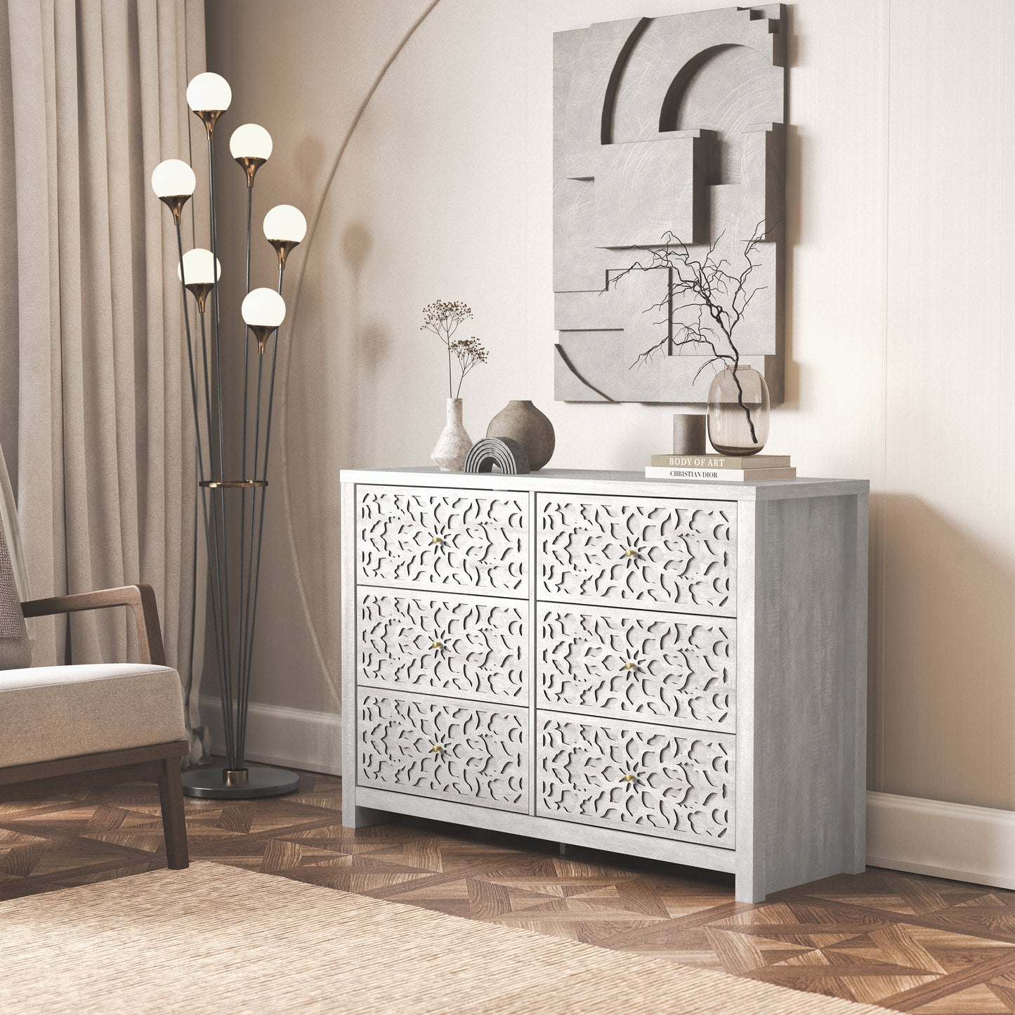 Galano 6-Drawer Dresser with Cutout Floral Fronts 45.4″ W x 15.7" D x 32.0" H