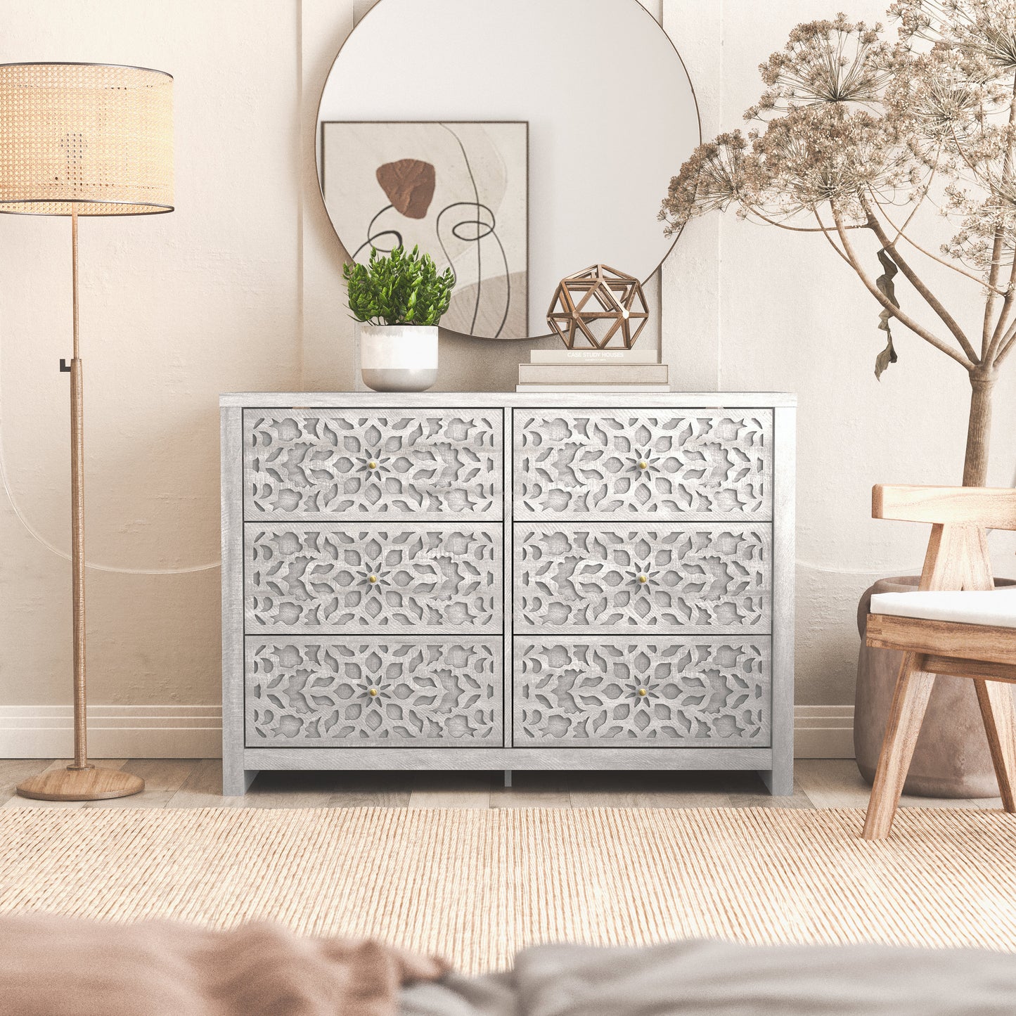 Galano 6-Drawer Dresser with Cutout Floral Fronts 45.4″ W x 15.7" D x 32.0" H