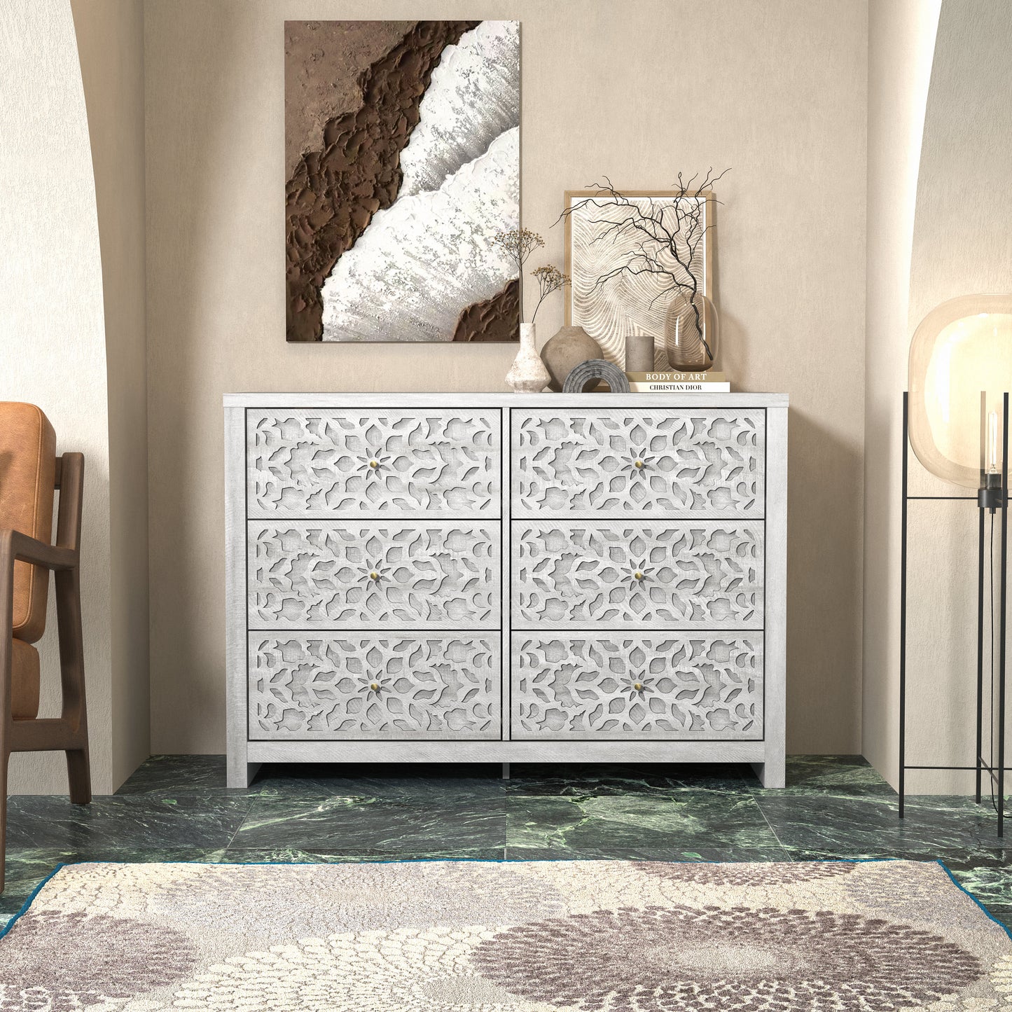 Galano 6-Drawer Dresser with Cutout Floral Fronts 45.4″ W x 15.7" D x 32.0" H