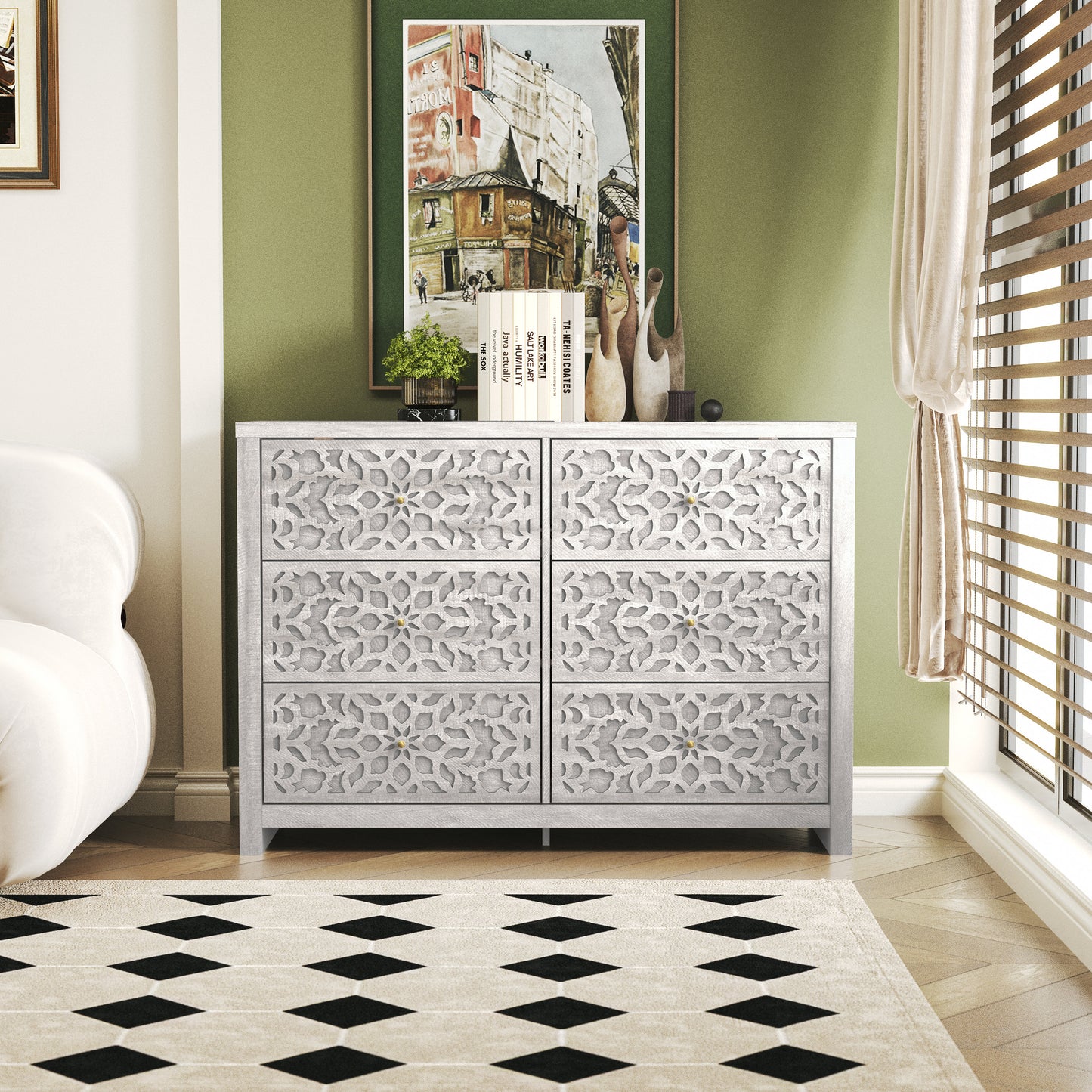 Galano 6-Drawer Dresser with Cutout Floral Fronts 45.4″ W x 15.7" D x 32.0" H