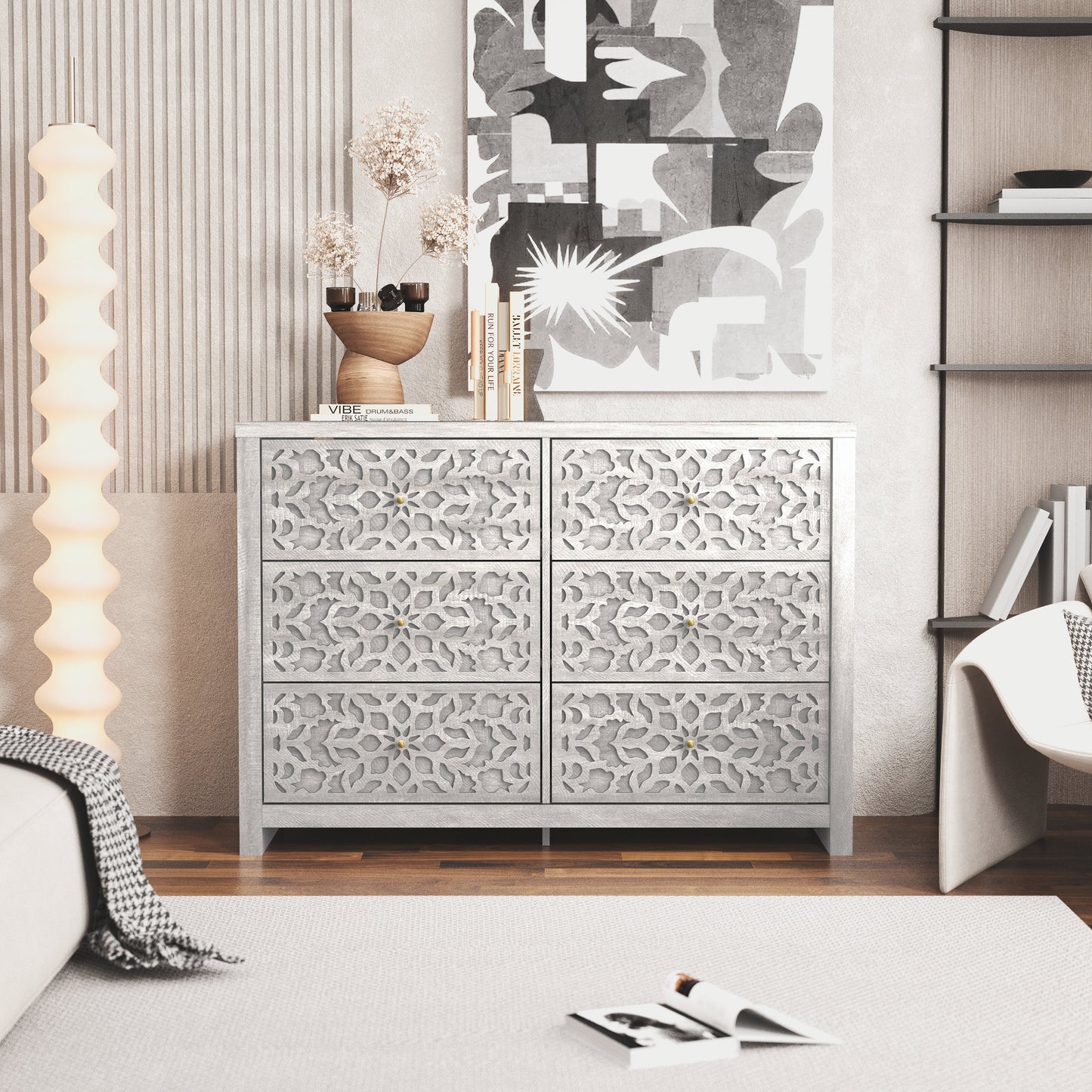 Galano 6-Drawer Dresser with Cutout Floral Fronts 45.4″ W x 15.7" D x 32.0" H