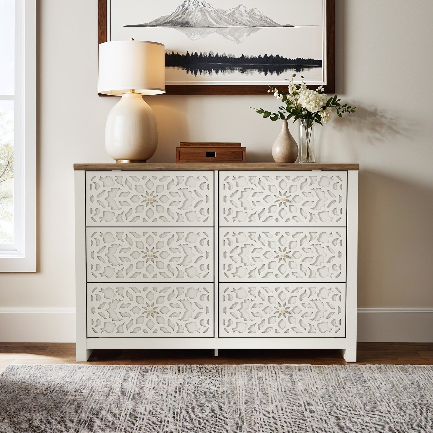 Galano 6-Drawer Dresser with Cutout Floral Fronts 45.4″ W x 15.7" D x 32.0" H