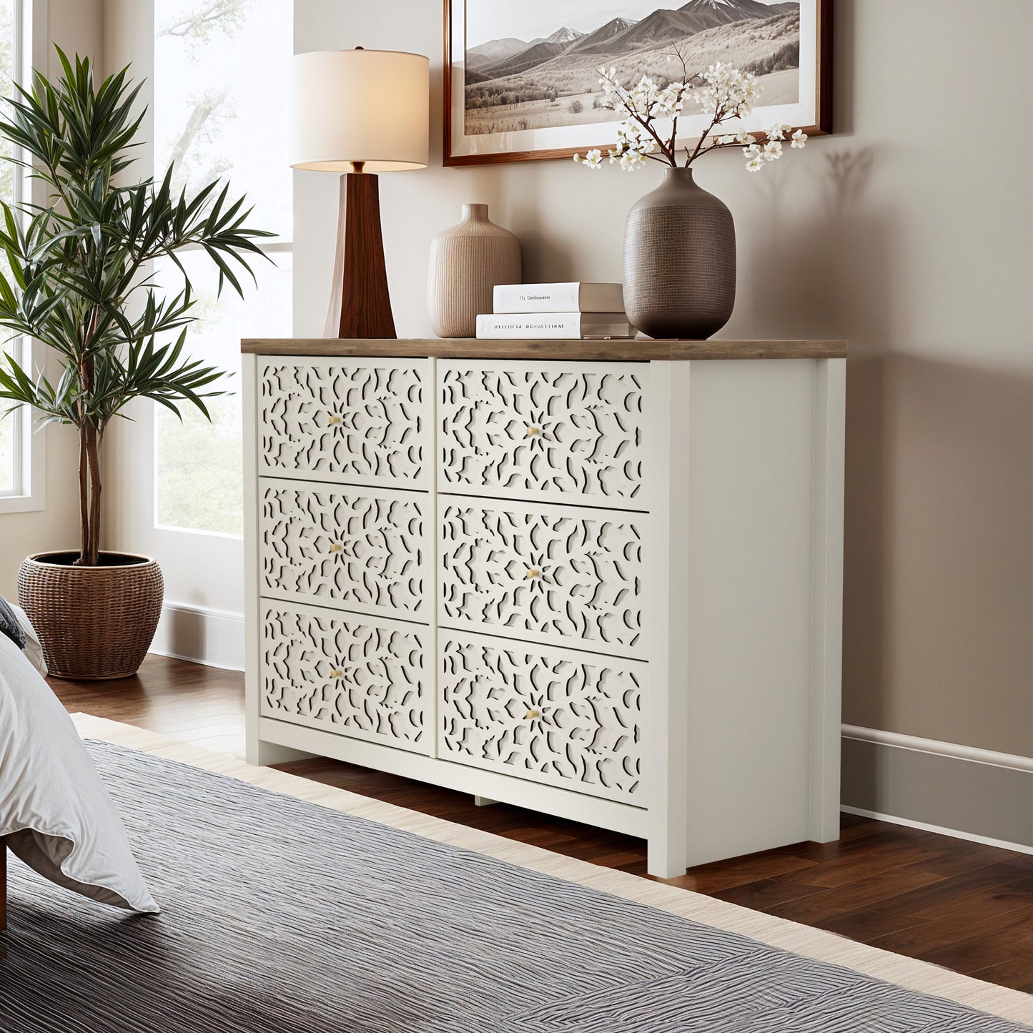 Galano 6-Drawer Dresser with Cutout Floral Fronts 45.4″ W x 15.7" D x 32.0" H