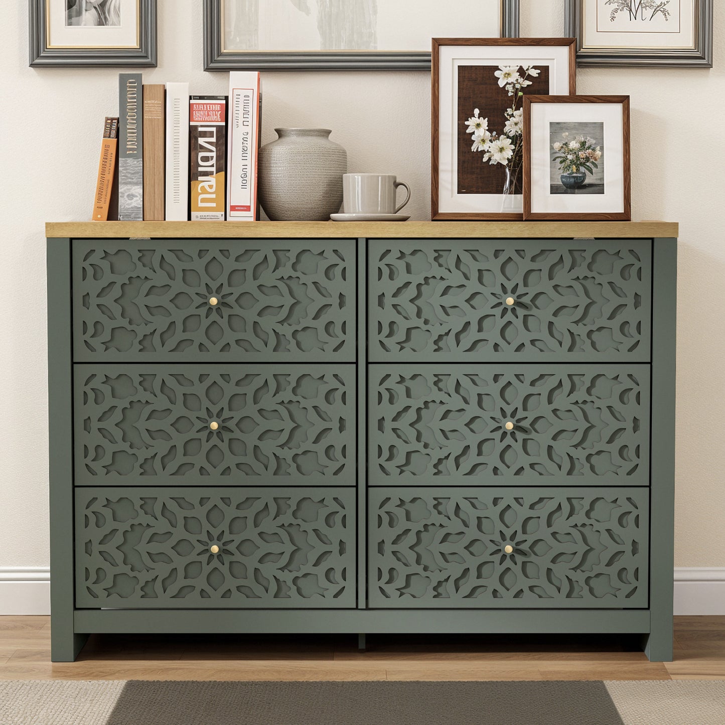 Galano 6-Drawer Dresser with Cutout Floral Fronts 45.4″ W x 15.7" D x 32.0" H