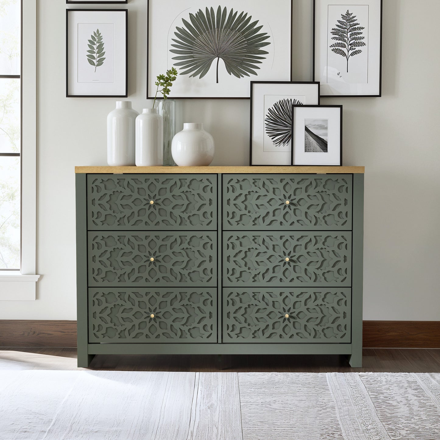 Galano 6-Drawer Dresser with Cutout Floral Fronts 45.4″ W x 15.7" D x 32.0" H