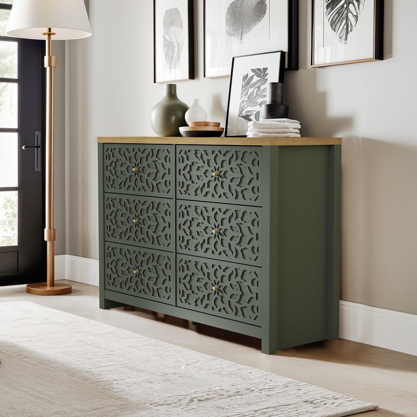 Galano 6-Drawer Dresser with Cutout Floral Fronts 45.4″ W x 15.7" D x 32.0" H