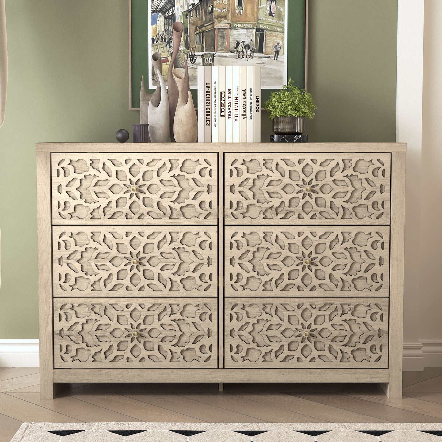 Galano 6-Drawer Dresser with Cutout Floral Fronts 45.4″ W x 15.7" D x 32.0" H