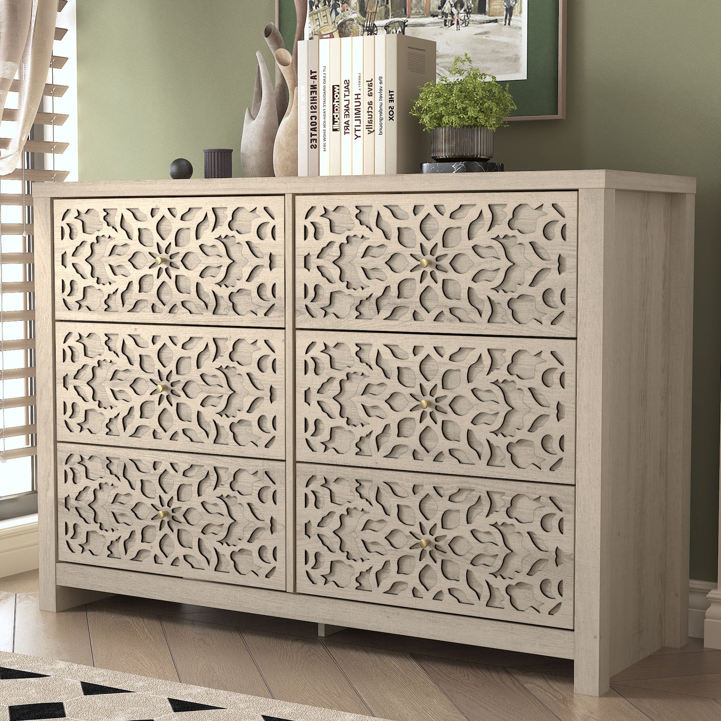 Galano 6-Drawer Dresser with Cutout Floral Fronts 45.4″ W x 15.7" D x 32.0" H
