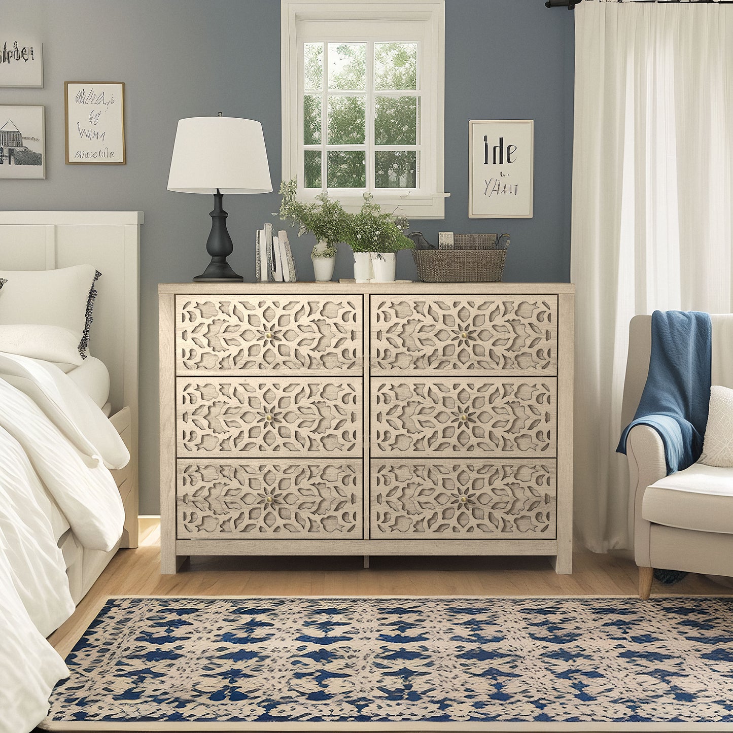 Galano 6-Drawer Dresser with Cutout Floral Fronts 45.4″ W x 15.7" D x 32.0" H