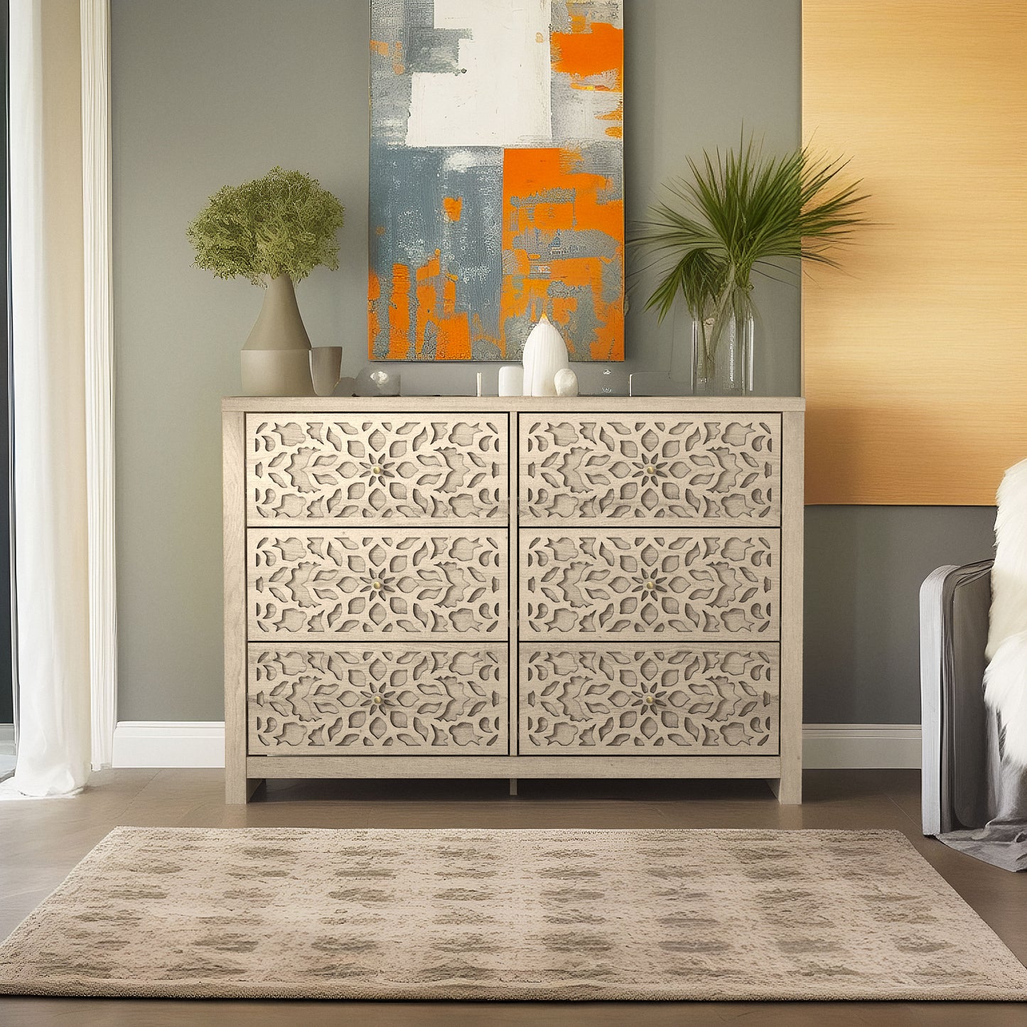 Galano 6-Drawer Dresser with Cutout Floral Fronts 45.4″ W x 15.7" D x 32.0" H