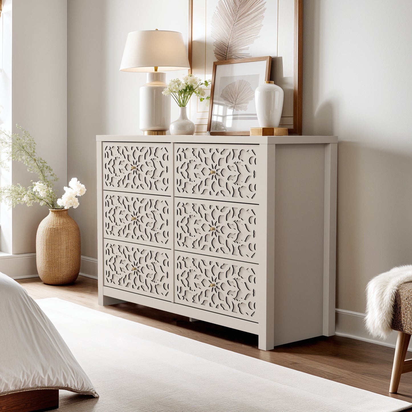 Galano 6-Drawer Dresser with Cutout Floral Fronts 45.4″ W x 15.7" D x 32.0" H