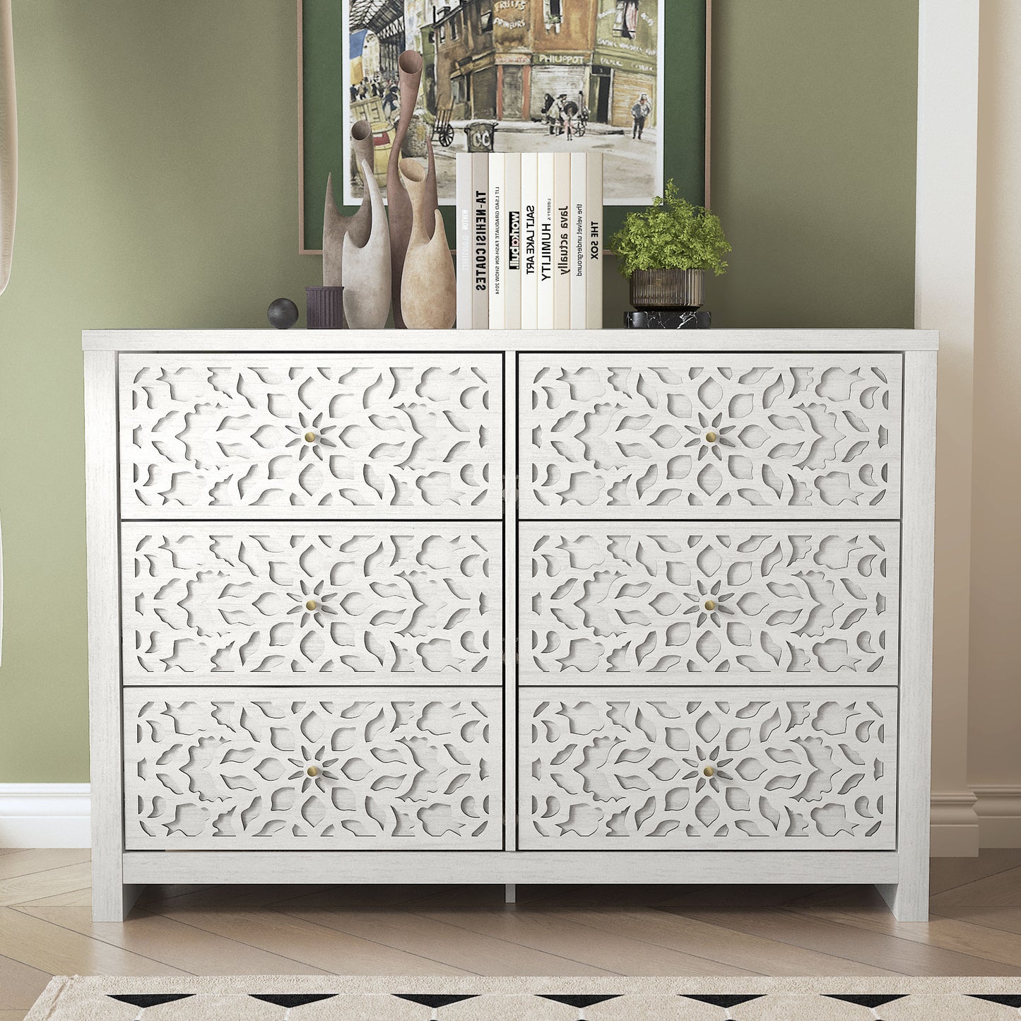 Galano 6-Drawer Dresser with Cutout Floral Fronts 45.4″ W x 15.7" D x 32.0" H
