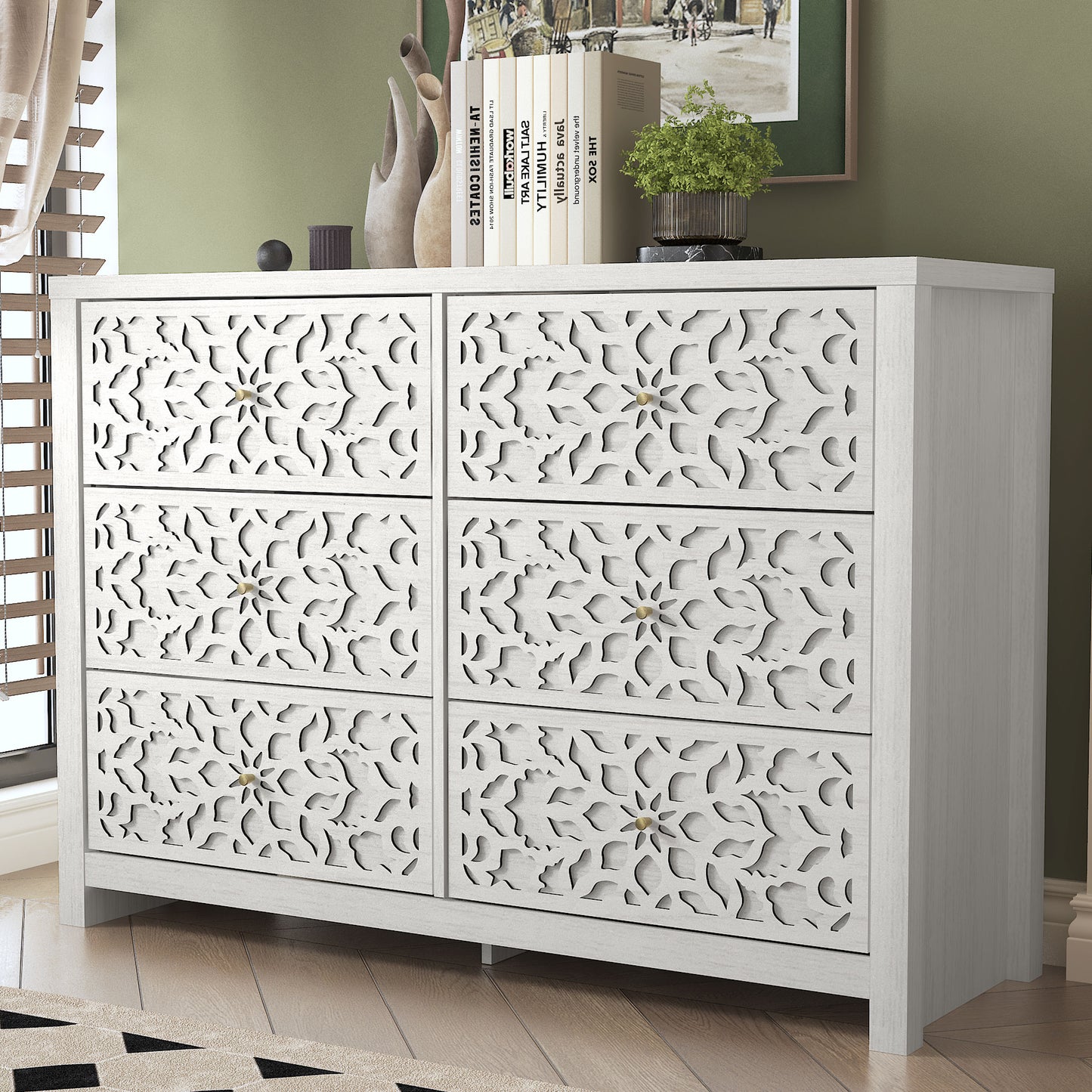 Galano 6-Drawer Dresser with Cutout Floral Fronts 45.4″ W x 15.7" D x 32.0" H