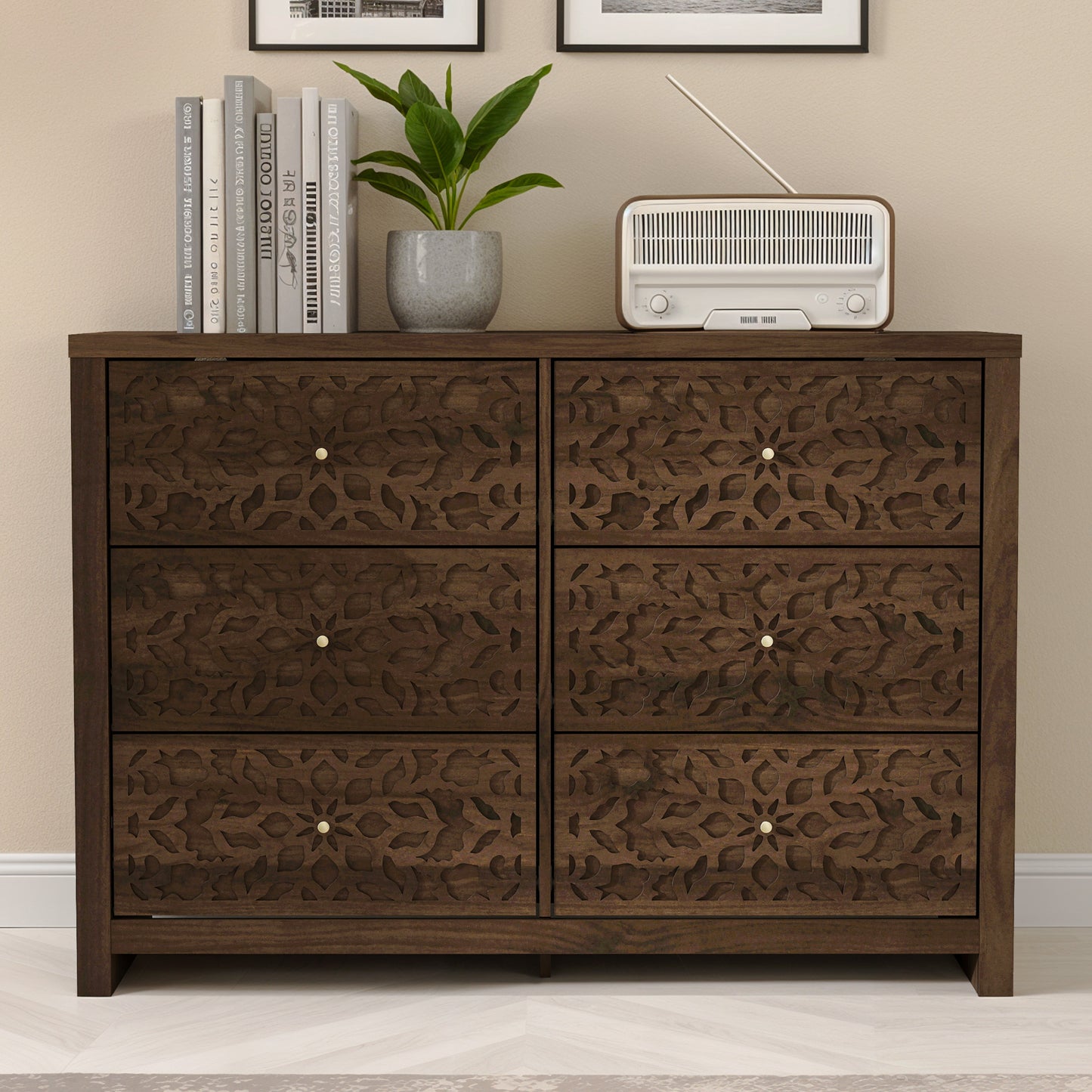 Galano 6-Drawer Dresser with Cutout Floral Fronts 45.4″ W x 15.7" D x 32.0" H