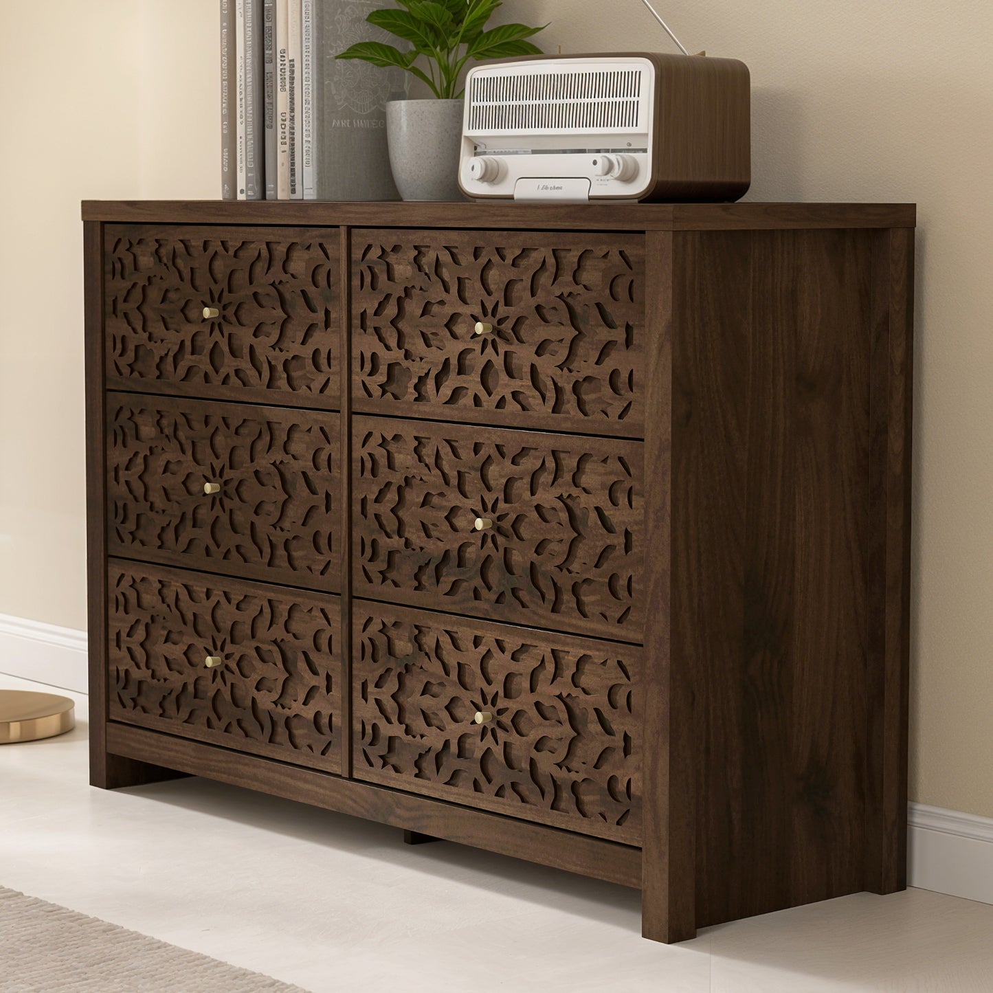 Galano 6-Drawer Dresser with Cutout Floral Fronts 45.4″ W x 15.7" D x 32.0" H