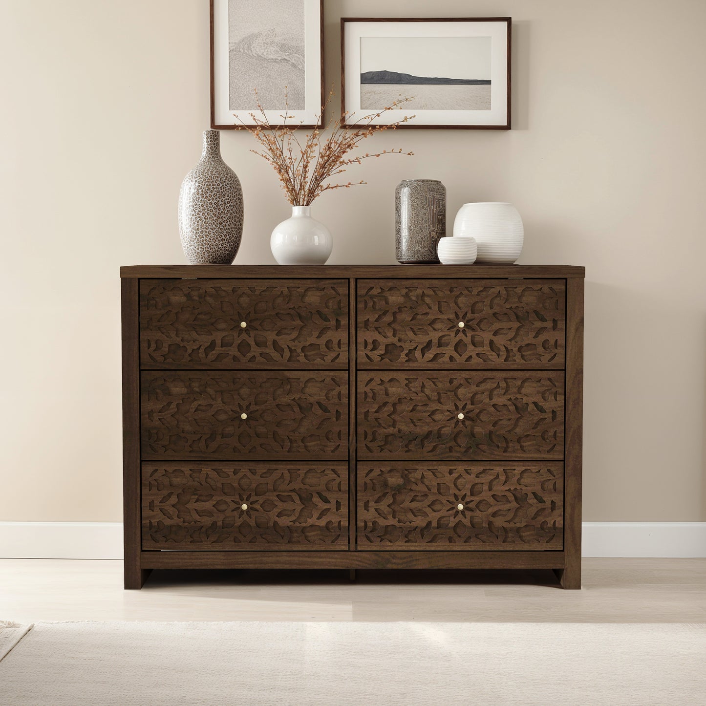 Galano 6-Drawer Dresser with Cutout Floral Fronts 45.4″ W x 15.7" D x 32.0" H
