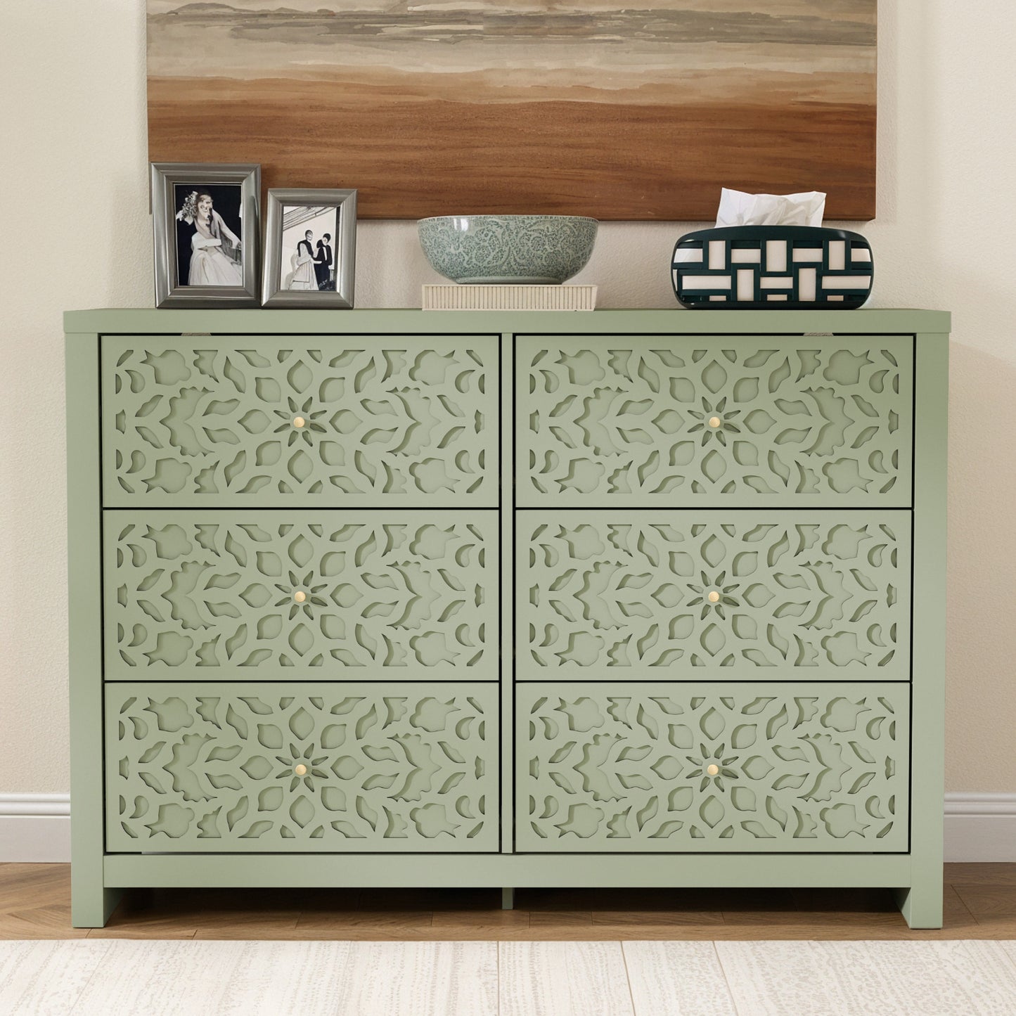 Galano 6-Drawer Dresser with Cutout Floral Fronts 45.4″ W x 15.7" D x 32.0" H