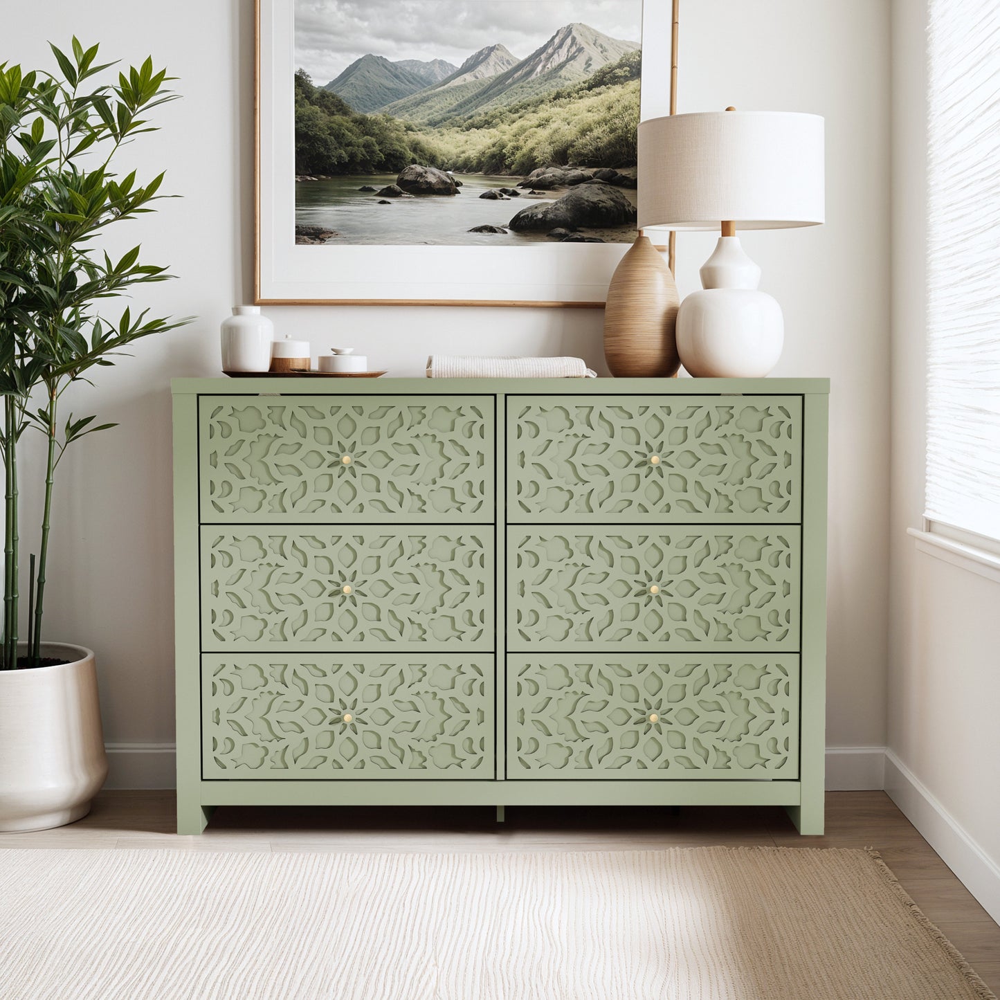 Galano 6-Drawer Dresser with Cutout Floral Fronts 45.4″ W x 15.7" D x 32.0" H