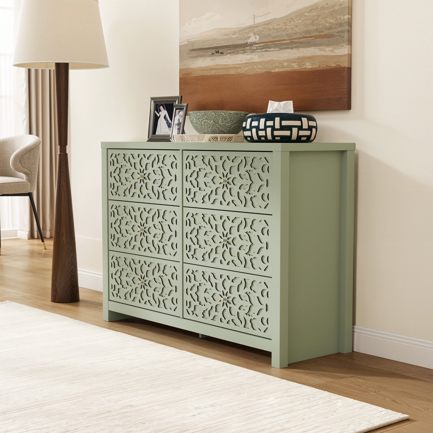 Galano 6-Drawer Dresser with Cutout Floral Fronts 45.4″ W x 15.7" D x 32.0" H