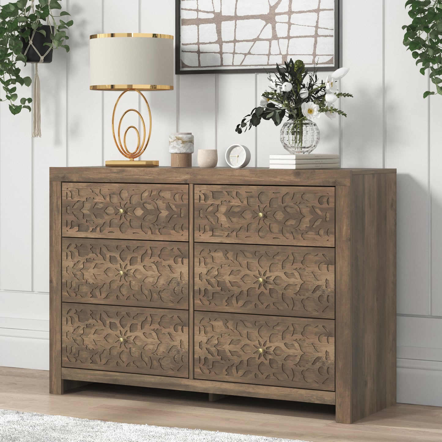 Galano 6-Drawer Dresser with Cutout Floral Fronts 45.4″ W x 15.7" D x 32.0" H