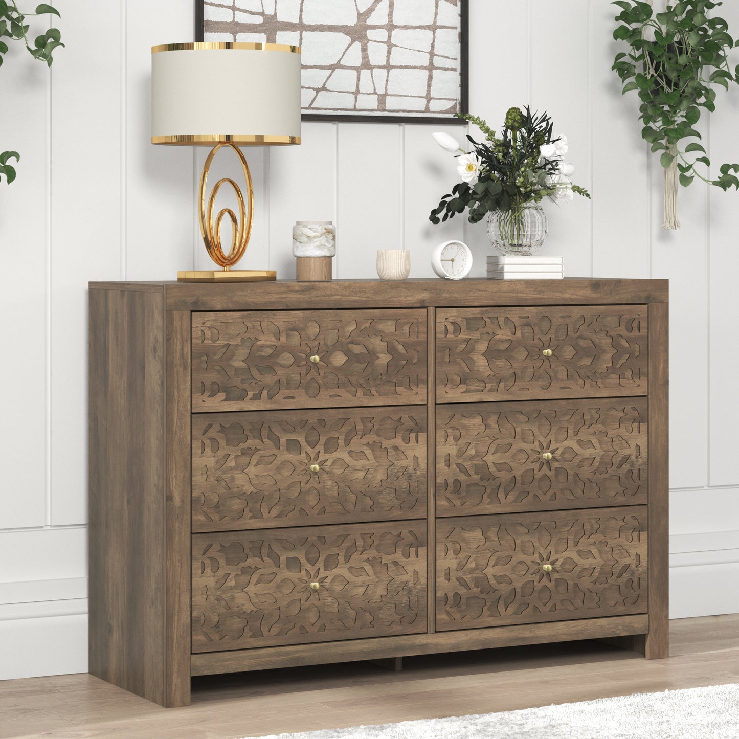 Galano 6-Drawer Dresser with Cutout Floral Fronts 45.4″ W x 15.7" D x 32.0" H