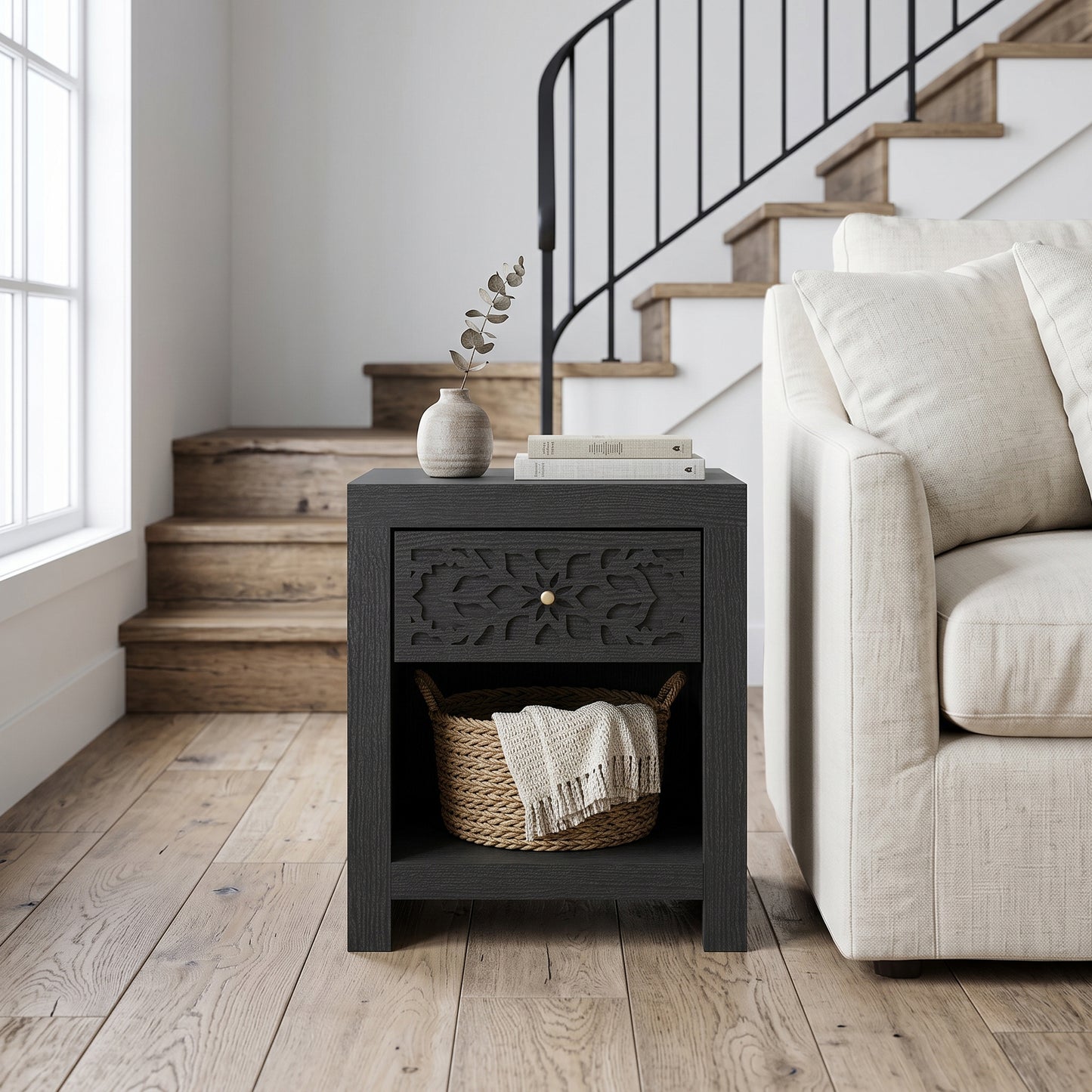 Galano 20.3" H Boho 1 Drawer Nightstand Bedside Table with Cutout Front and Open Storage Shelf