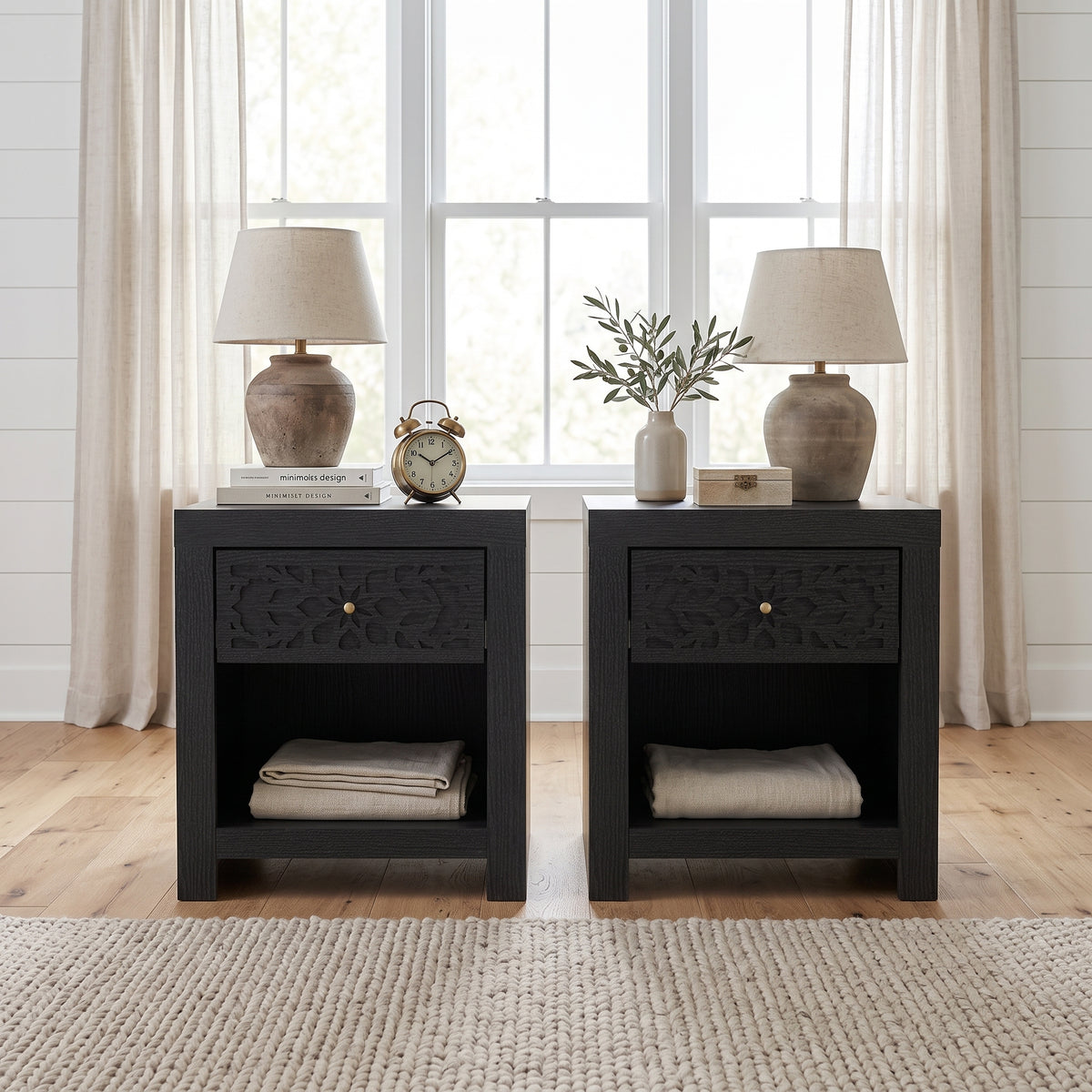 Galano Set of 2 Boho 1 Drawer Nightstand Bedside Tables with Cutout Fronts and Open Shelves, 20.3" H