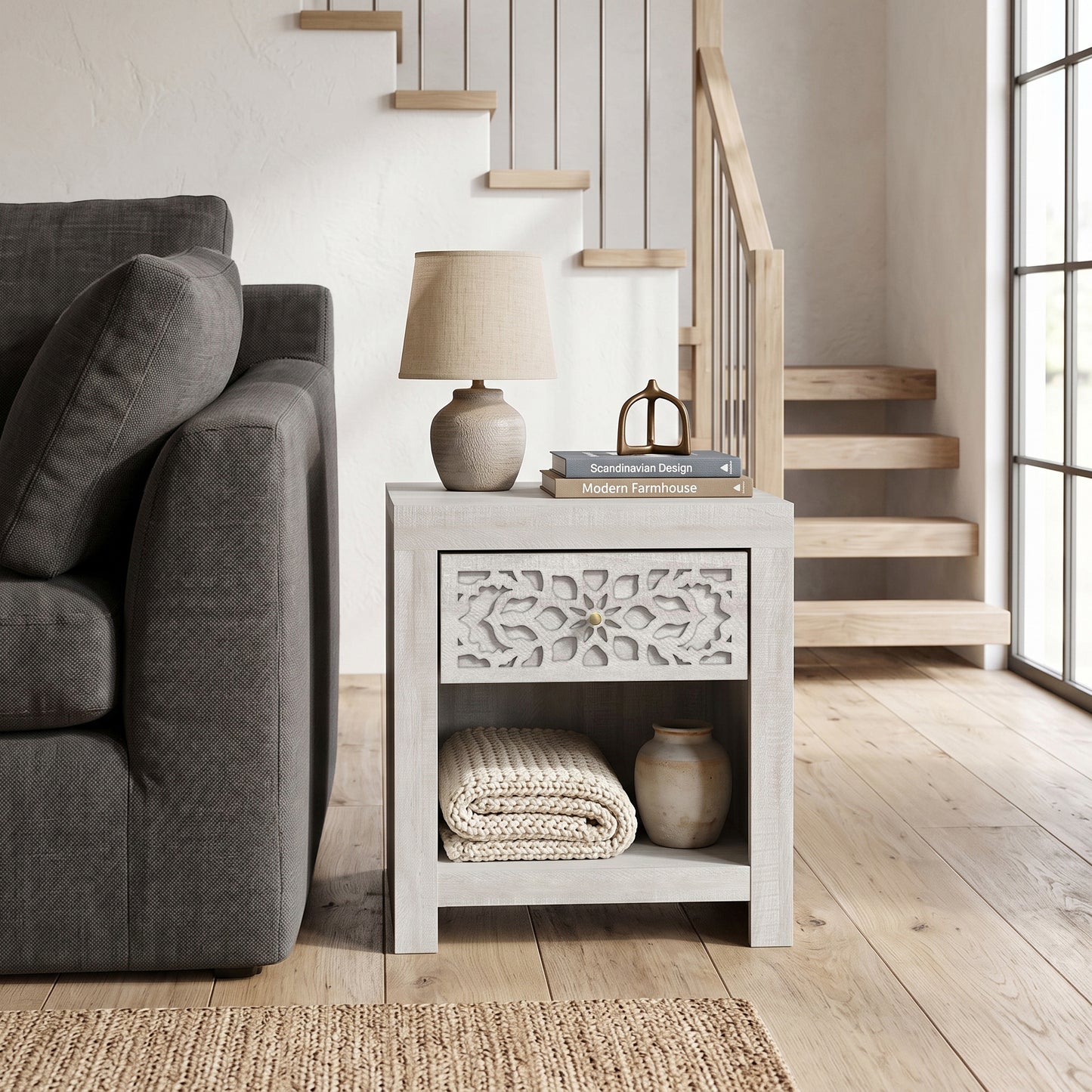 Galano 20.3" H Boho 1 Drawer Nightstand Bedside Table with Cutout Front and Open Storage Shelf