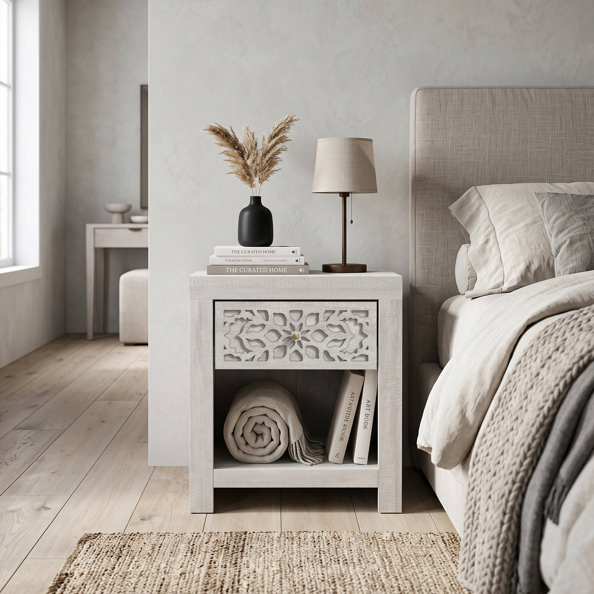 Galano 20.3" H Boho 1 Drawer Nightstand Bedside Table with Cutout Front and Open Storage Shelf