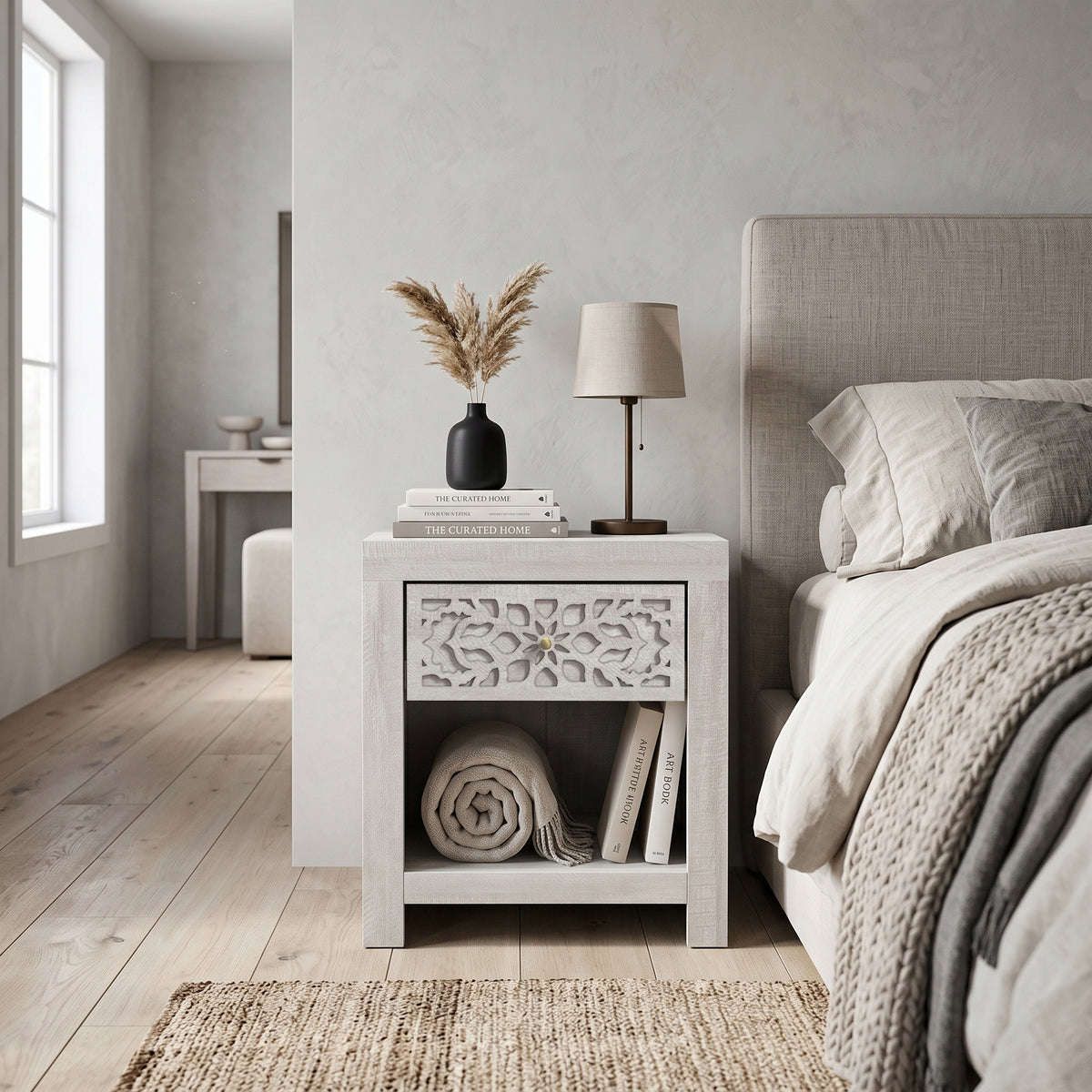 Galano Set of 2 Boho 1 Drawer Nightstand Bedside Tables with Cutout Fronts and Open Shelves, 20.3" H
