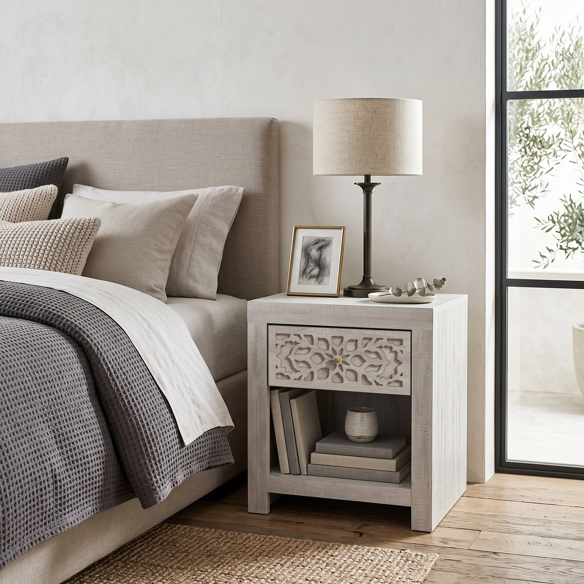 Galano 20.3" H Boho 1 Drawer Nightstand Bedside Table with Cutout Front and Open Storage Shelf