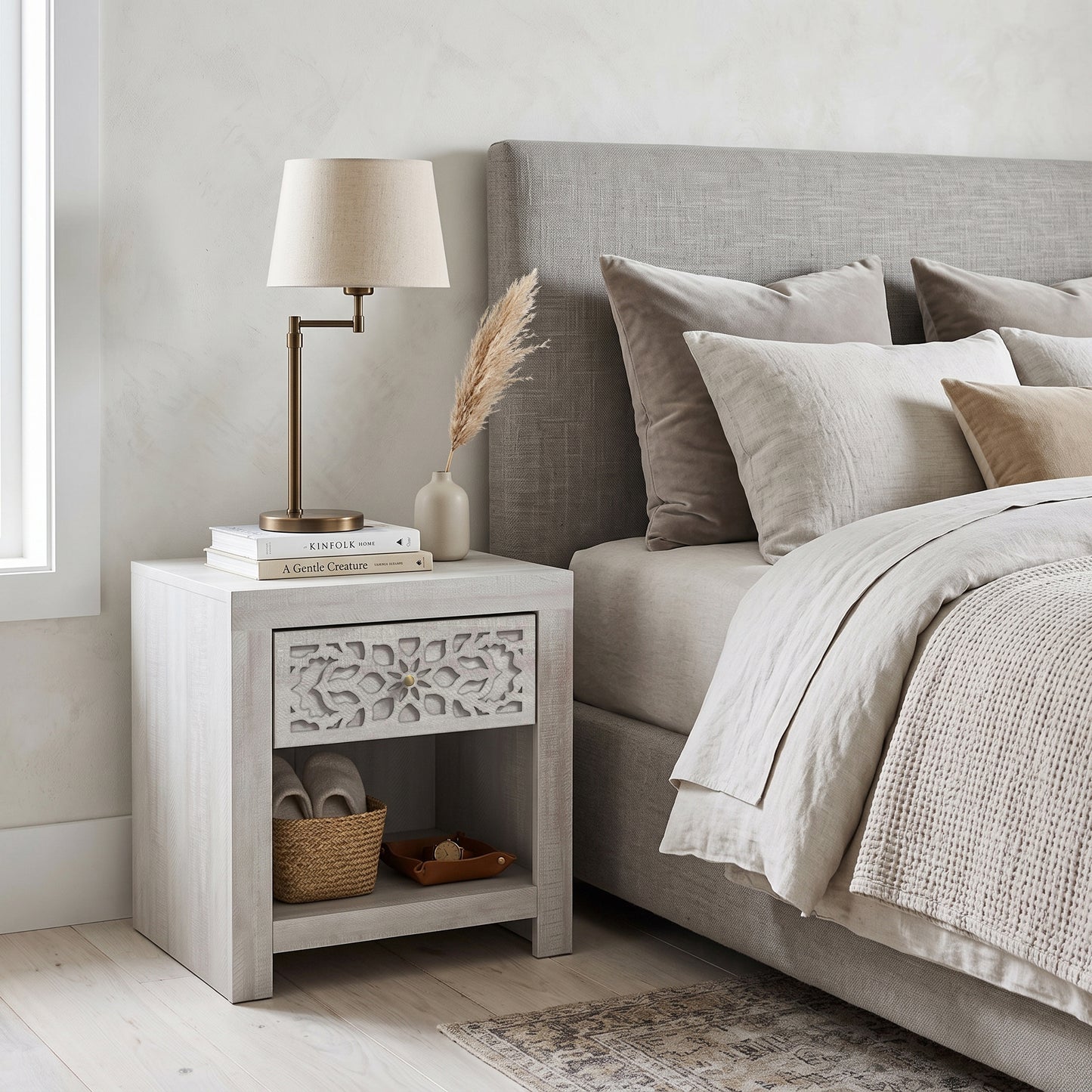 Galano 20.3" H Boho 1 Drawer Nightstand Bedside Table with Cutout Front and Open Storage Shelf