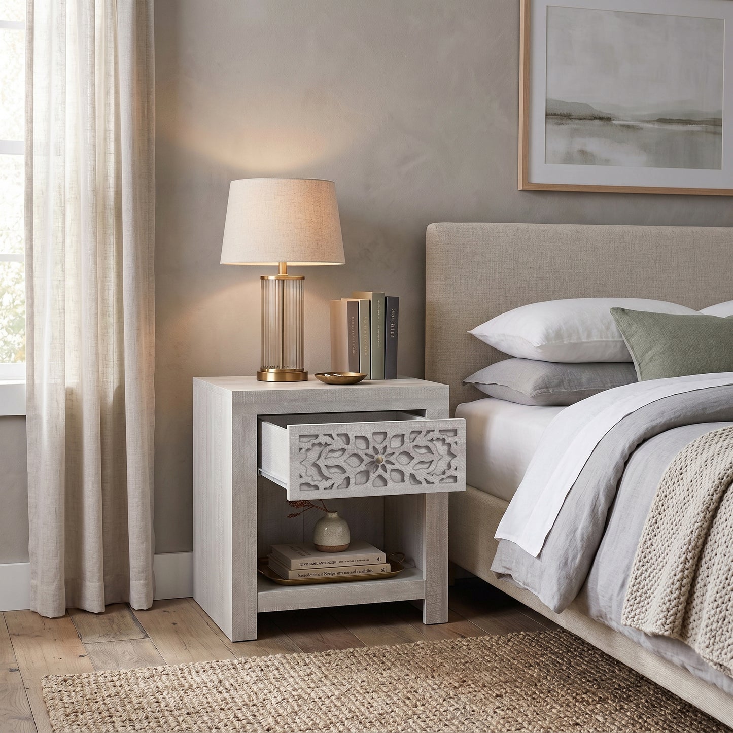 Galano Set of 2 Boho 1 Drawer Nightstand Bedside Tables with Cutout Fronts and Open Shelves, 20.3" H