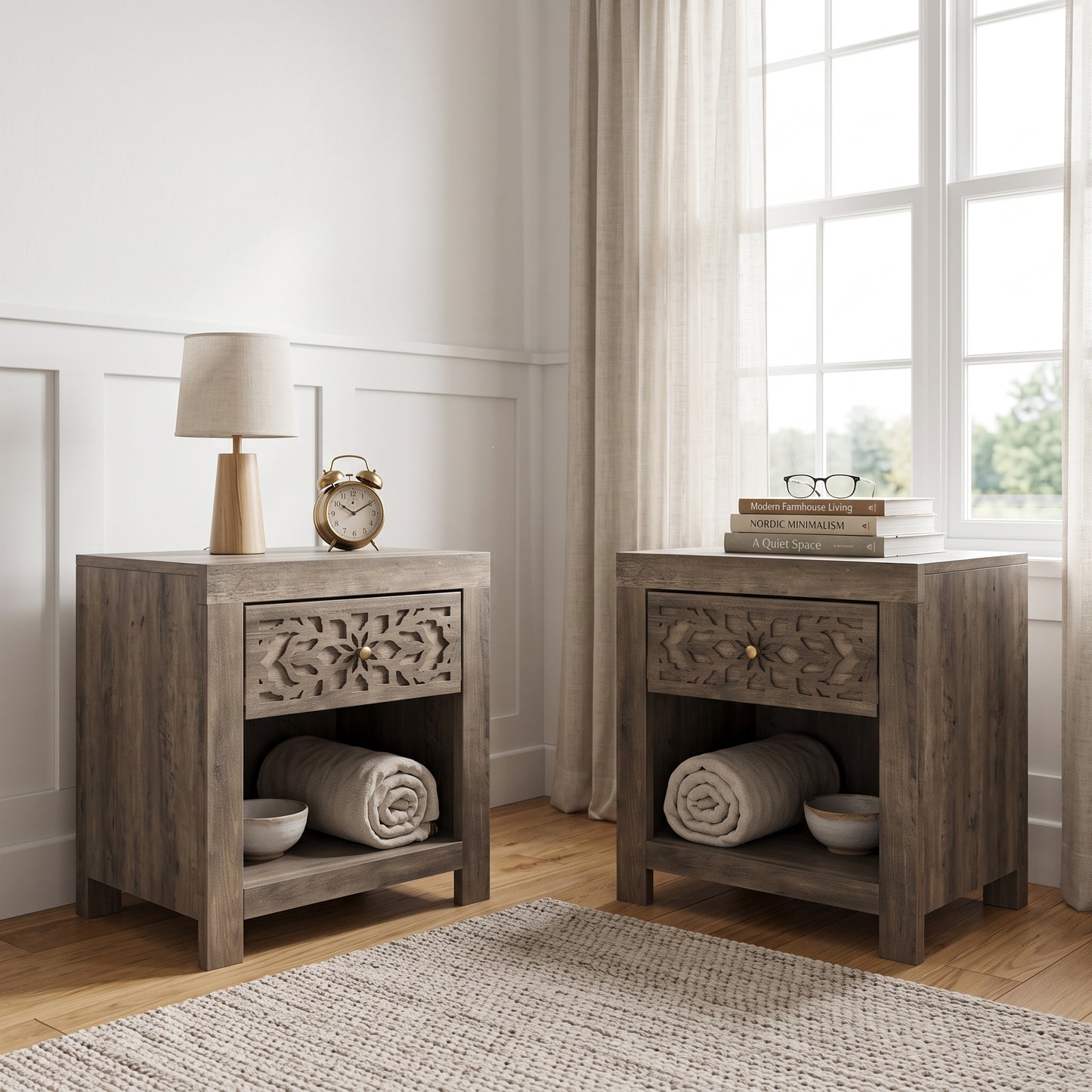 Galano Set of 2 Boho 1 Drawer Nightstand Bedside Tables with Cutout Fronts and Open Shelves, 20.3" H