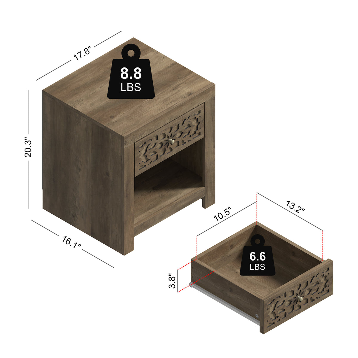 Galano Set of 2 Boho 1 Drawer Nightstand Bedside Tables with Cutout Fronts and Open Shelves, 20.3" H