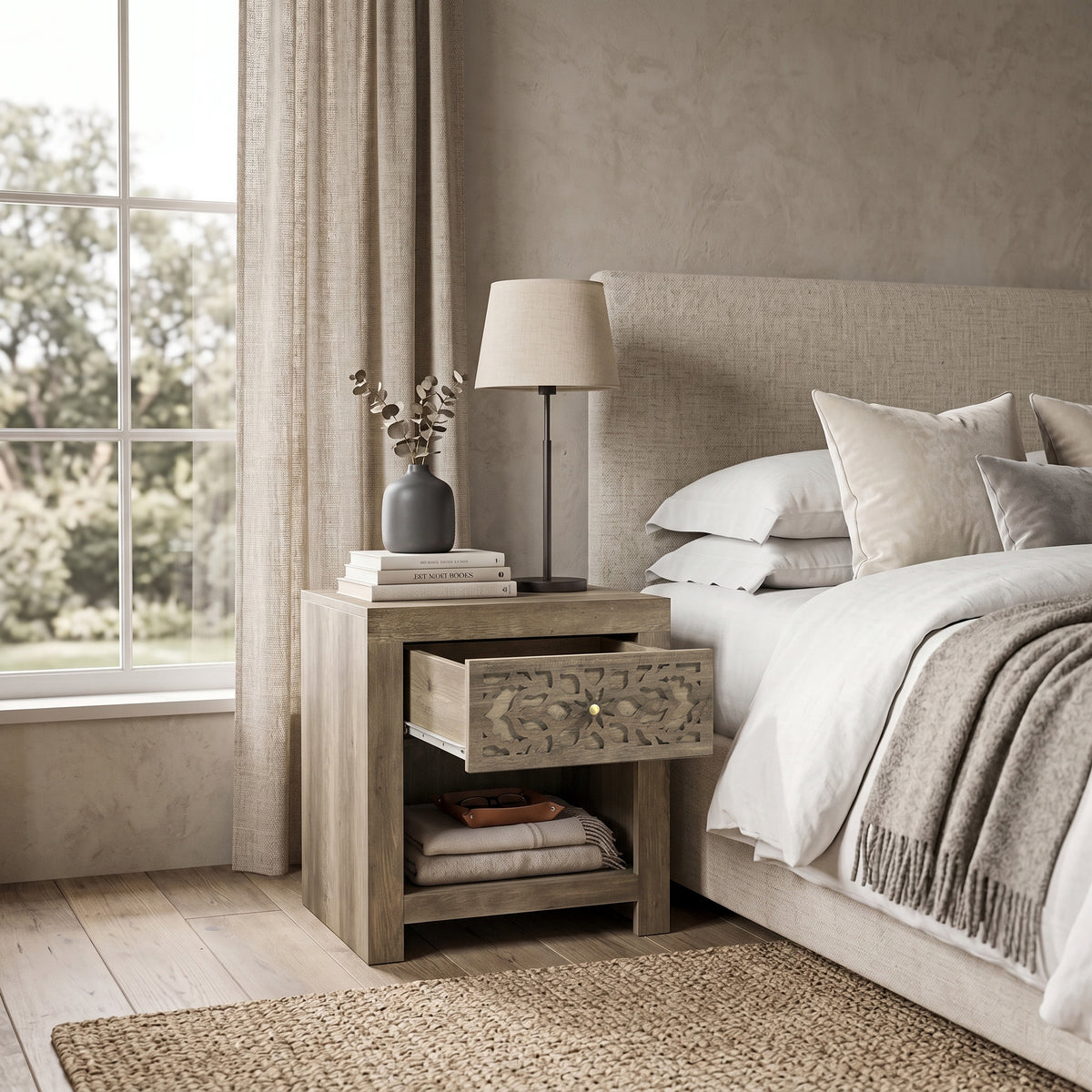 Galano Set of 2 Boho 1 Drawer Nightstand Bedside Tables with Cutout Fronts and Open Shelves, 20.3" H