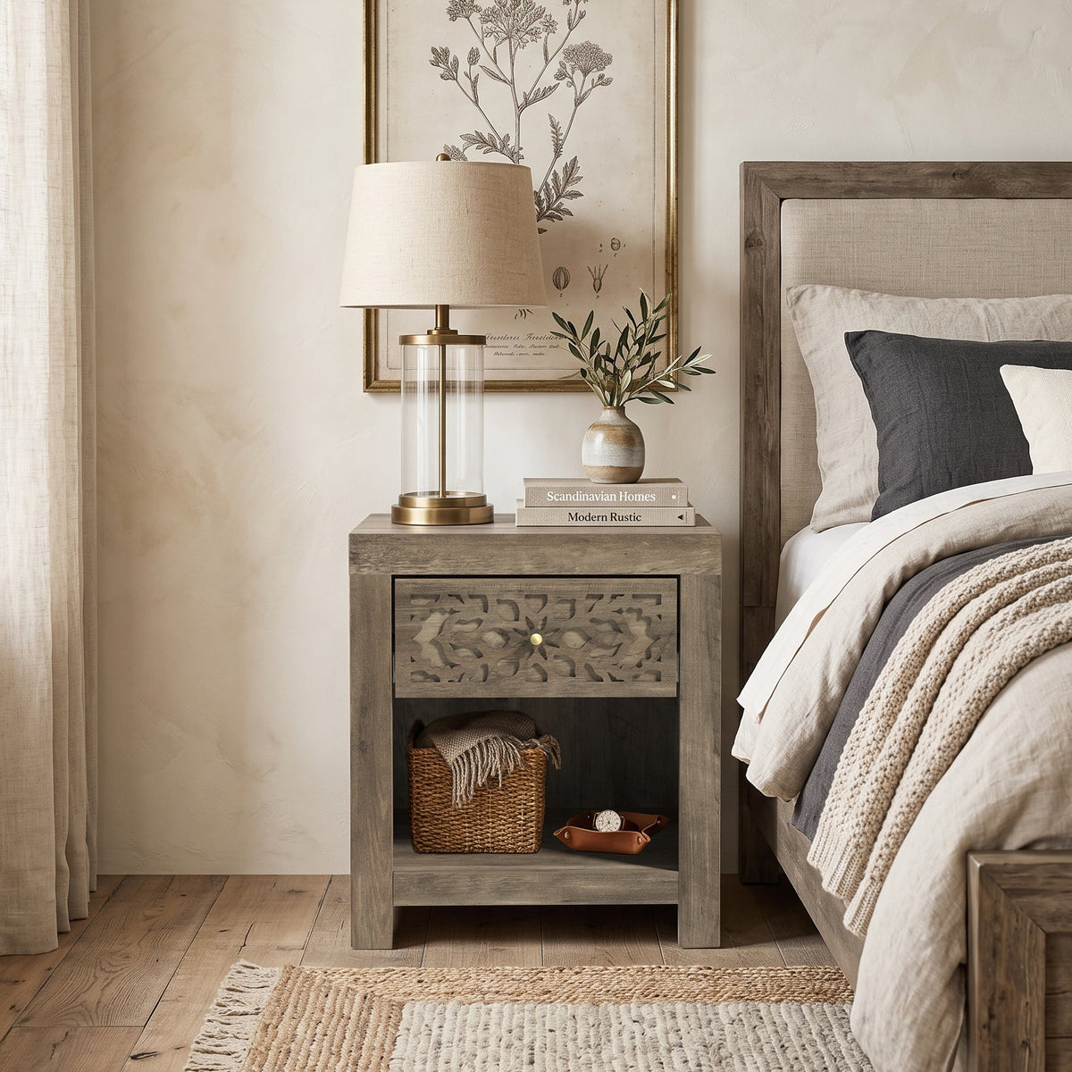Galano 20.3" H Boho 1 Drawer Nightstand Bedside Table with Cutout Front and Open Storage Shelf