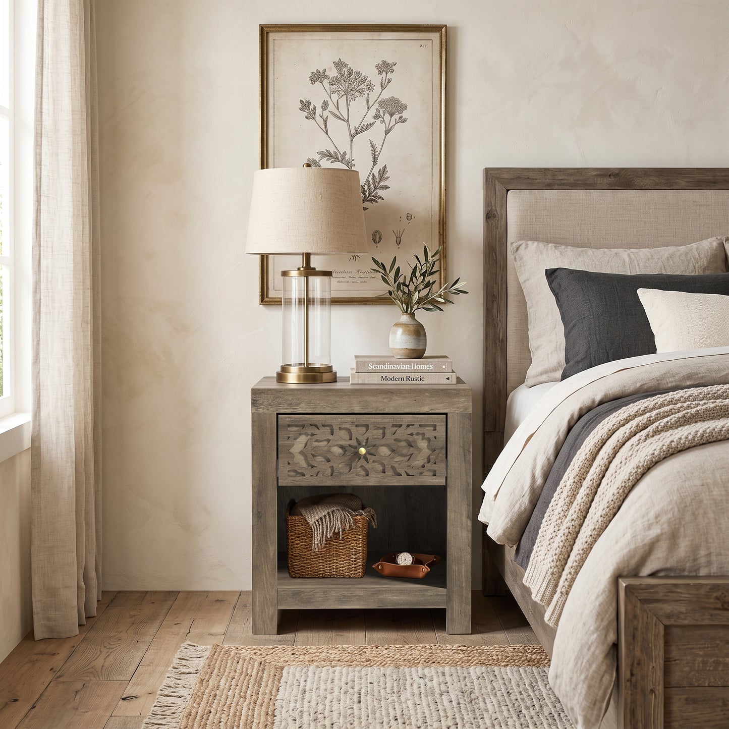 Galano Set of 2 Boho 1 Drawer Nightstand Bedside Tables with Cutout Fronts and Open Shelves, 20.3" H