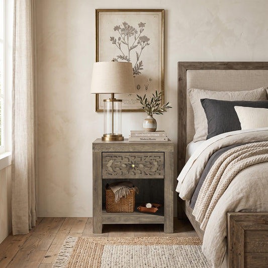 Galano Set of 2 Boho 1 Drawer Nightstand Bedside Tables with Cutout Fronts and Open Shelves, 20.3" H