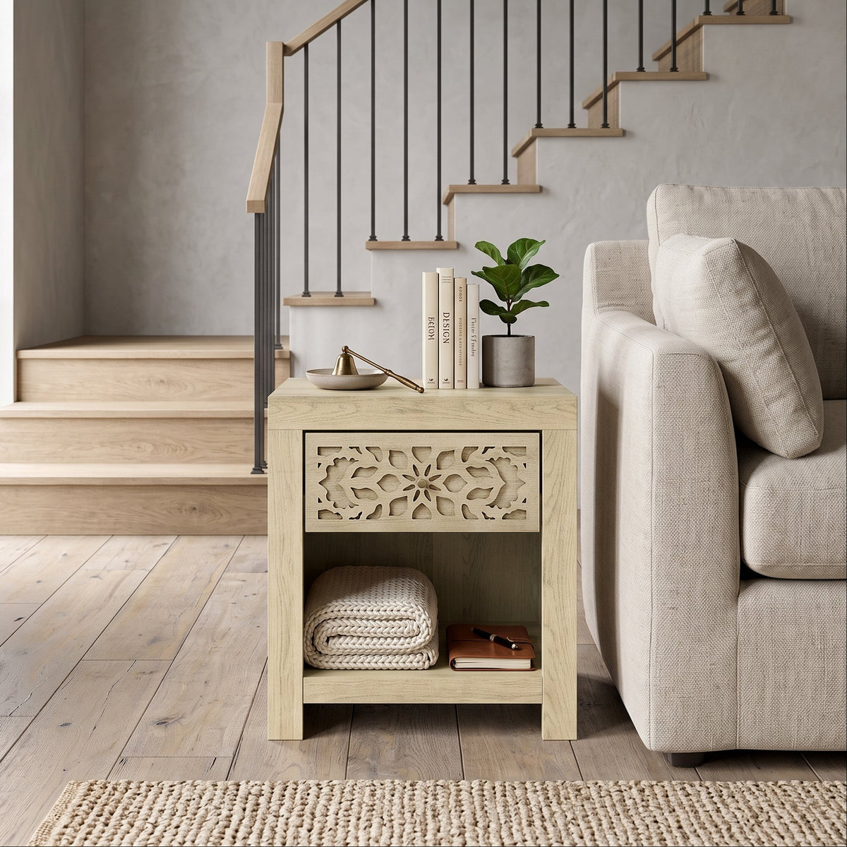 Galano 20.3" H Boho 1 Drawer Nightstand Bedside Table with Cutout Front and Open Storage Shelf