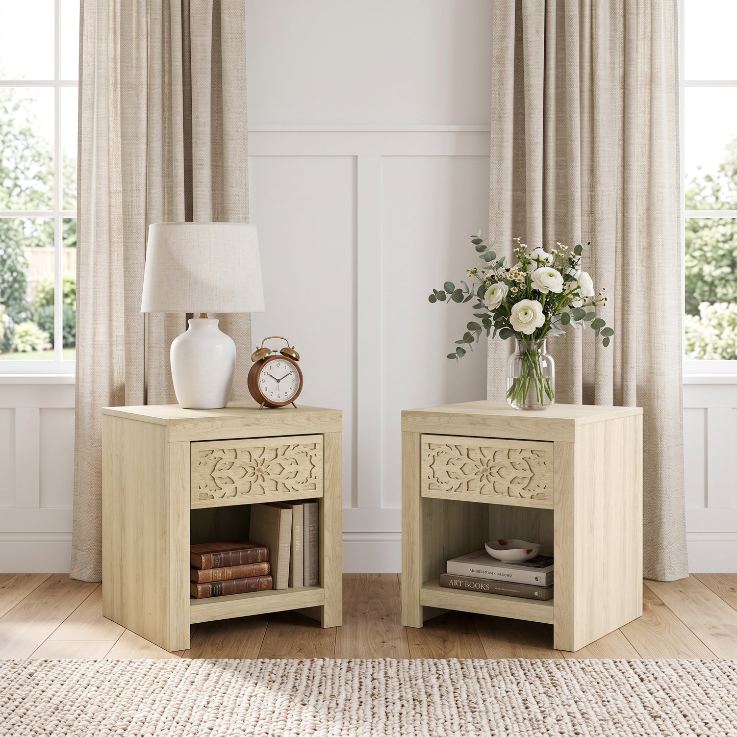 Galano Set of 2 Boho 1 Drawer Nightstand Bedside Tables with Cutout Fronts and Open Shelves, 20.3" H