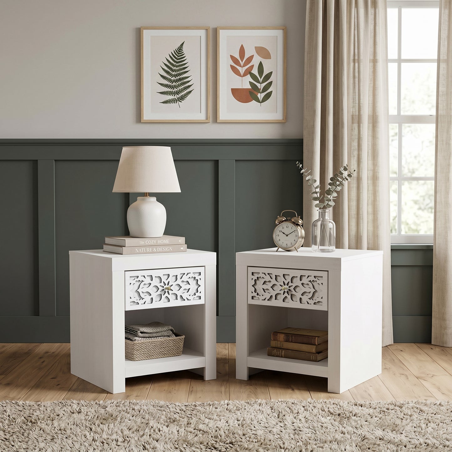 Galano Set of 2 Boho 1 Drawer Nightstand Bedside Tables with Cutout Fronts and Open Shelves, 20.3" H