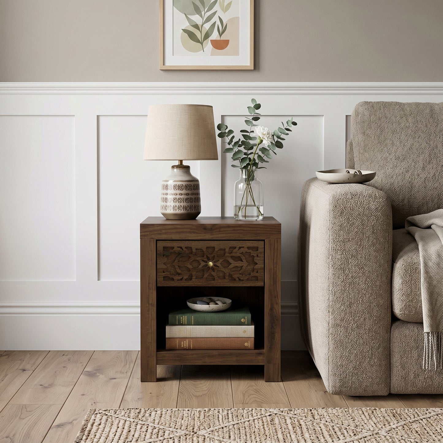 Galano 20.3" H Boho 1 Drawer Nightstand Bedside Table with Cutout Front and Open Storage Shelf