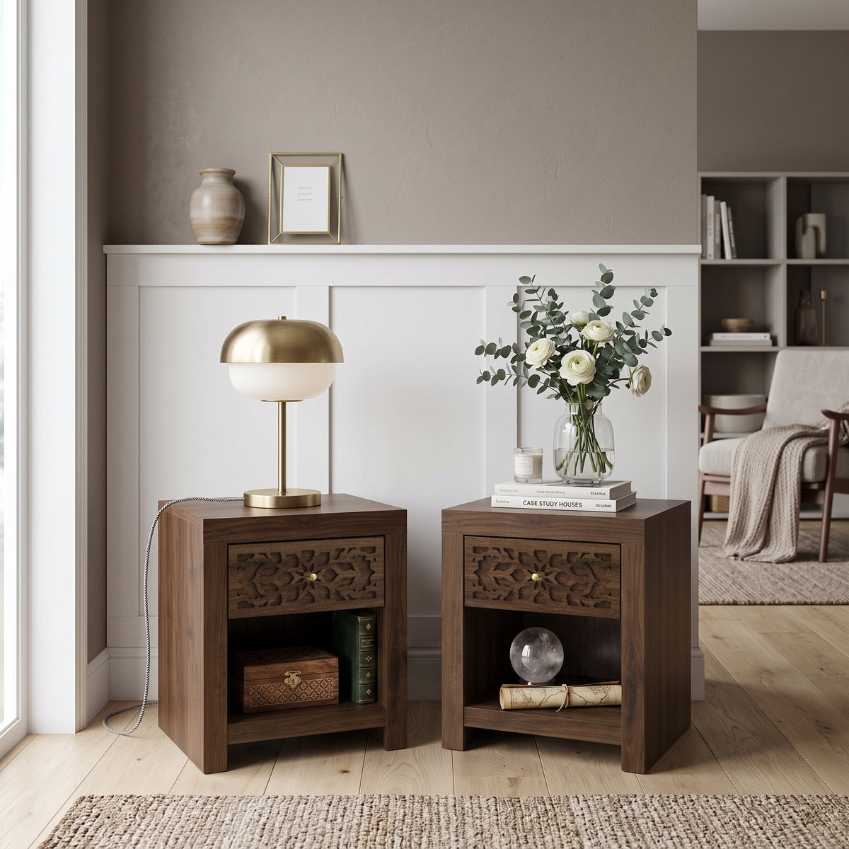 Galano Set of 2 Boho 1 Drawer Nightstand Bedside Tables with Cutout Fronts and Open Shelves, 20.3" H