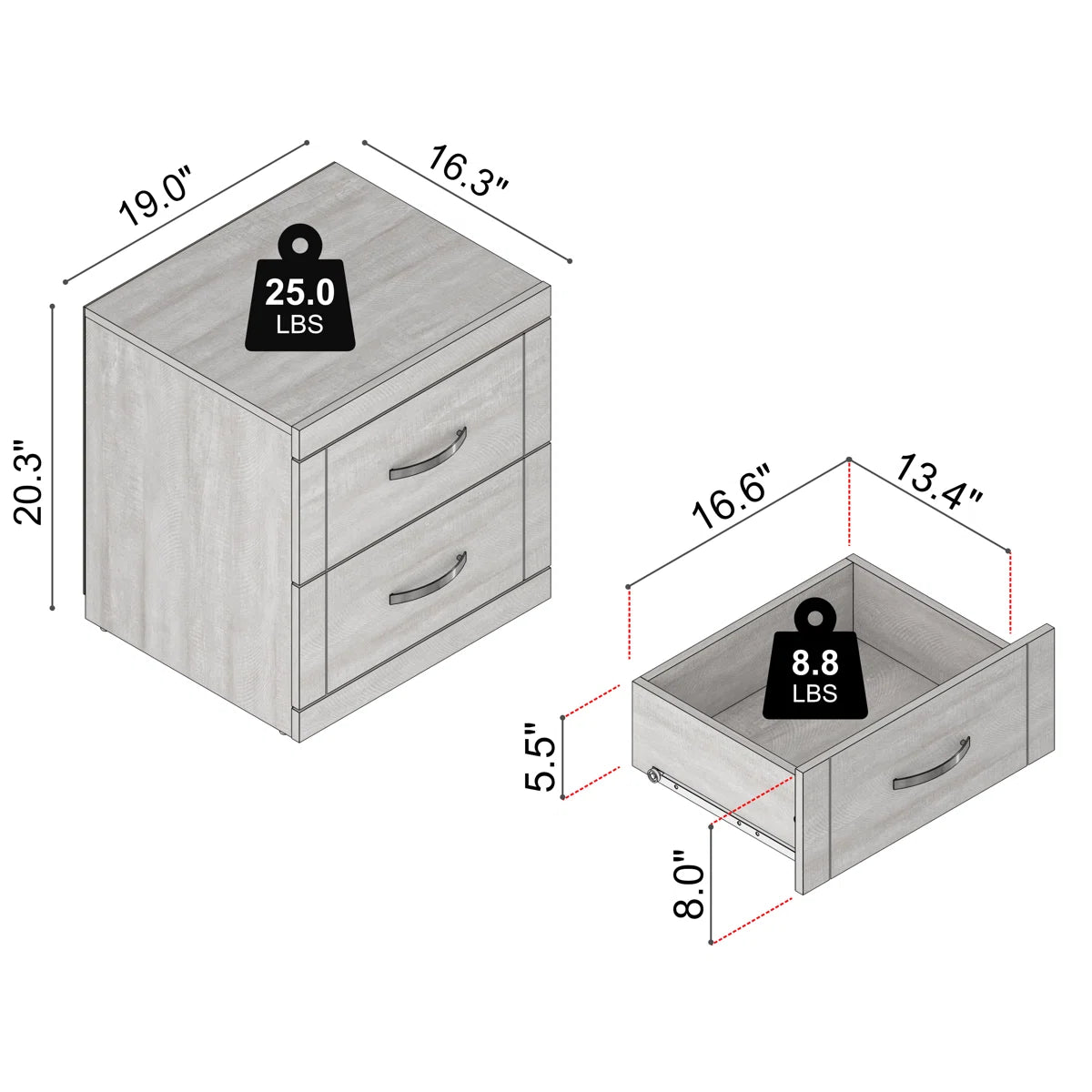 Galano Modern 2-Drawer Nightstand Bedside Table 19.0" W × 16.3" D × 20.3" H