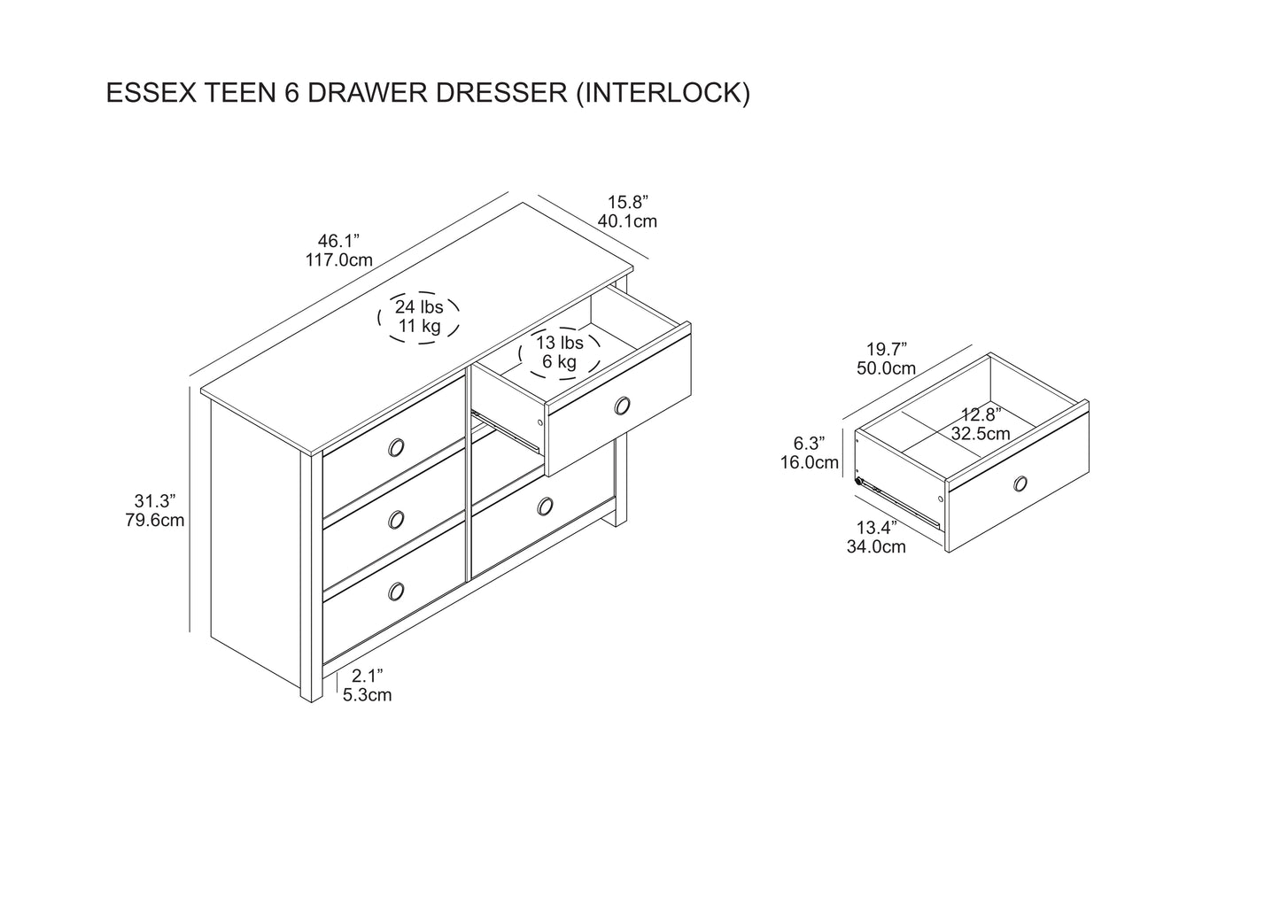 Galano Kids 6-Drawer Dresser with Multi-Tone Fronts in White 46.1" W x 15.8" D x 31.3" H