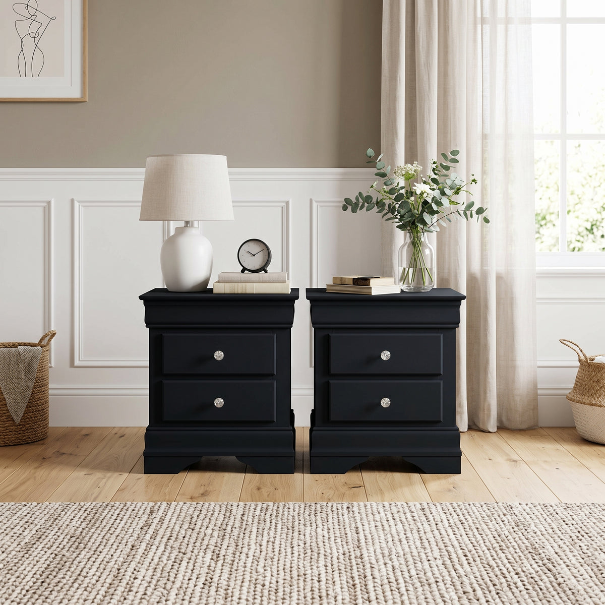 Galano Set of 2 Fully Assembled 2-Drawer Nightstand Bedside Tables with Crystal-Style Knobs