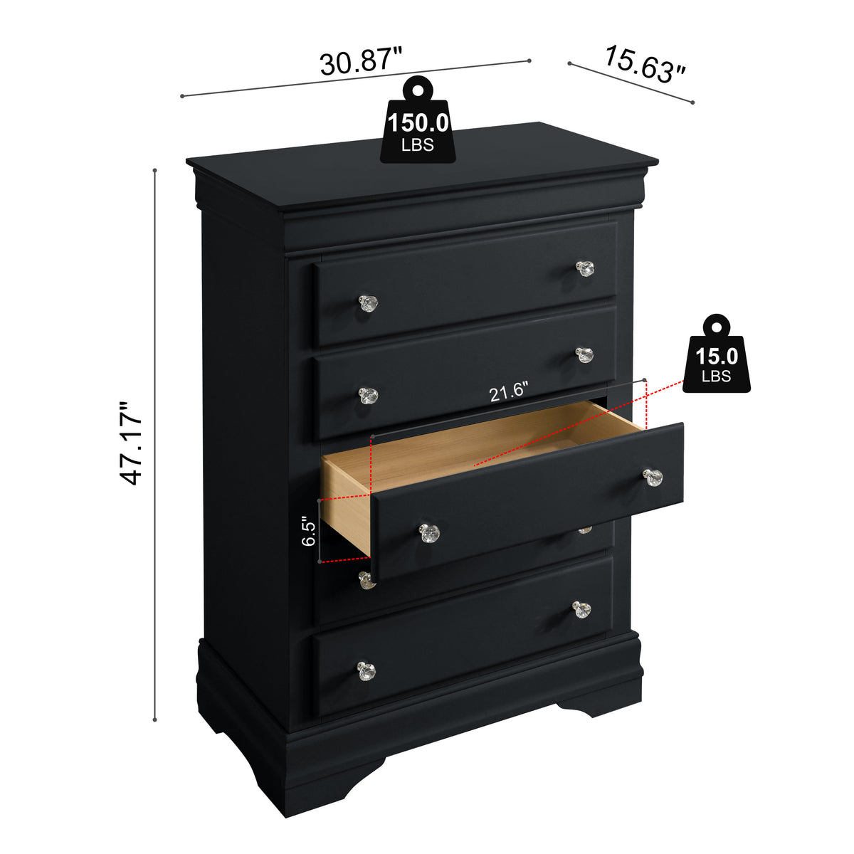 GALANO 5-Drawer Chest, Fully Assembled, 30.9", 1-Piece