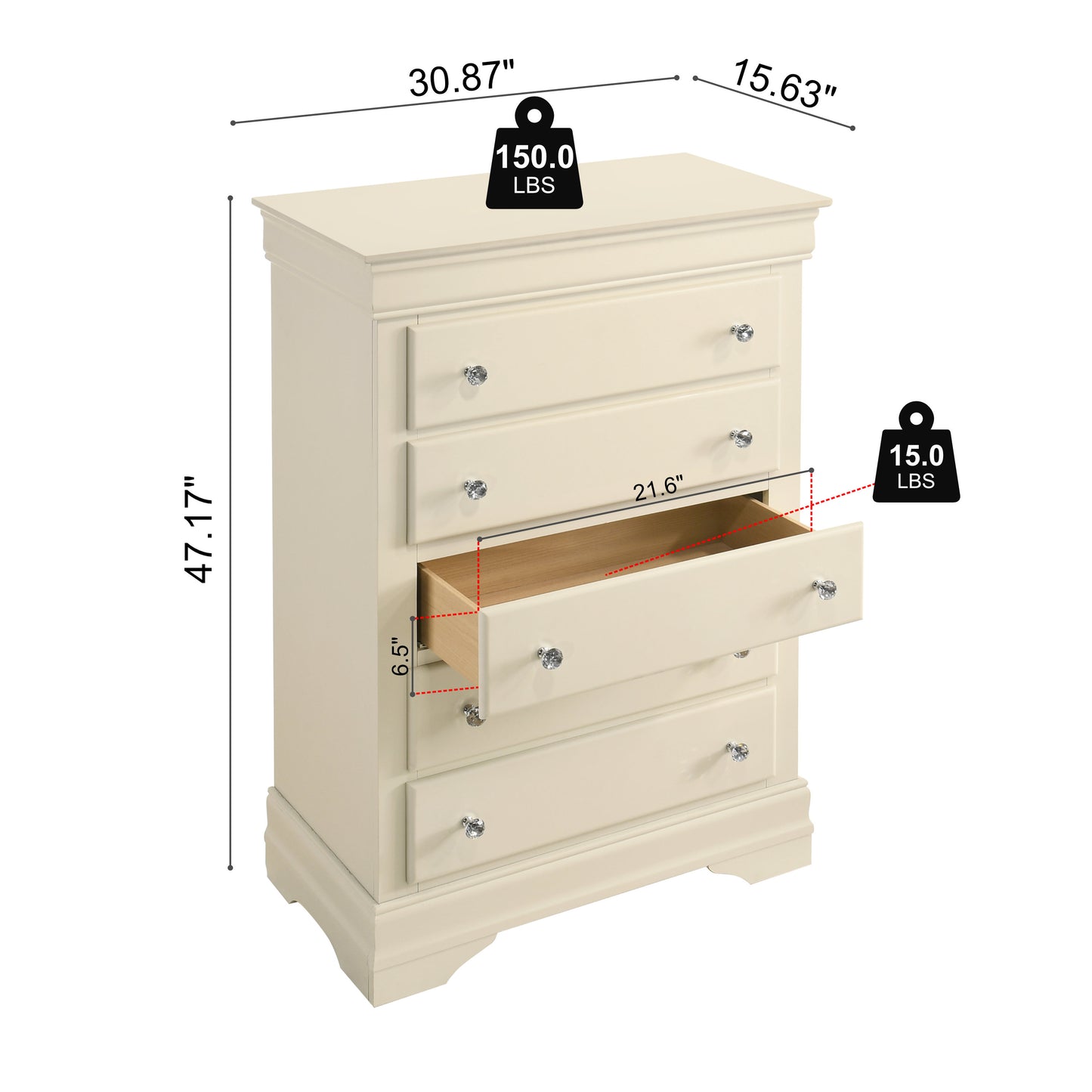 GALANO 5-Drawer Chest, Fully Assembled, 30.9", 1-Piece